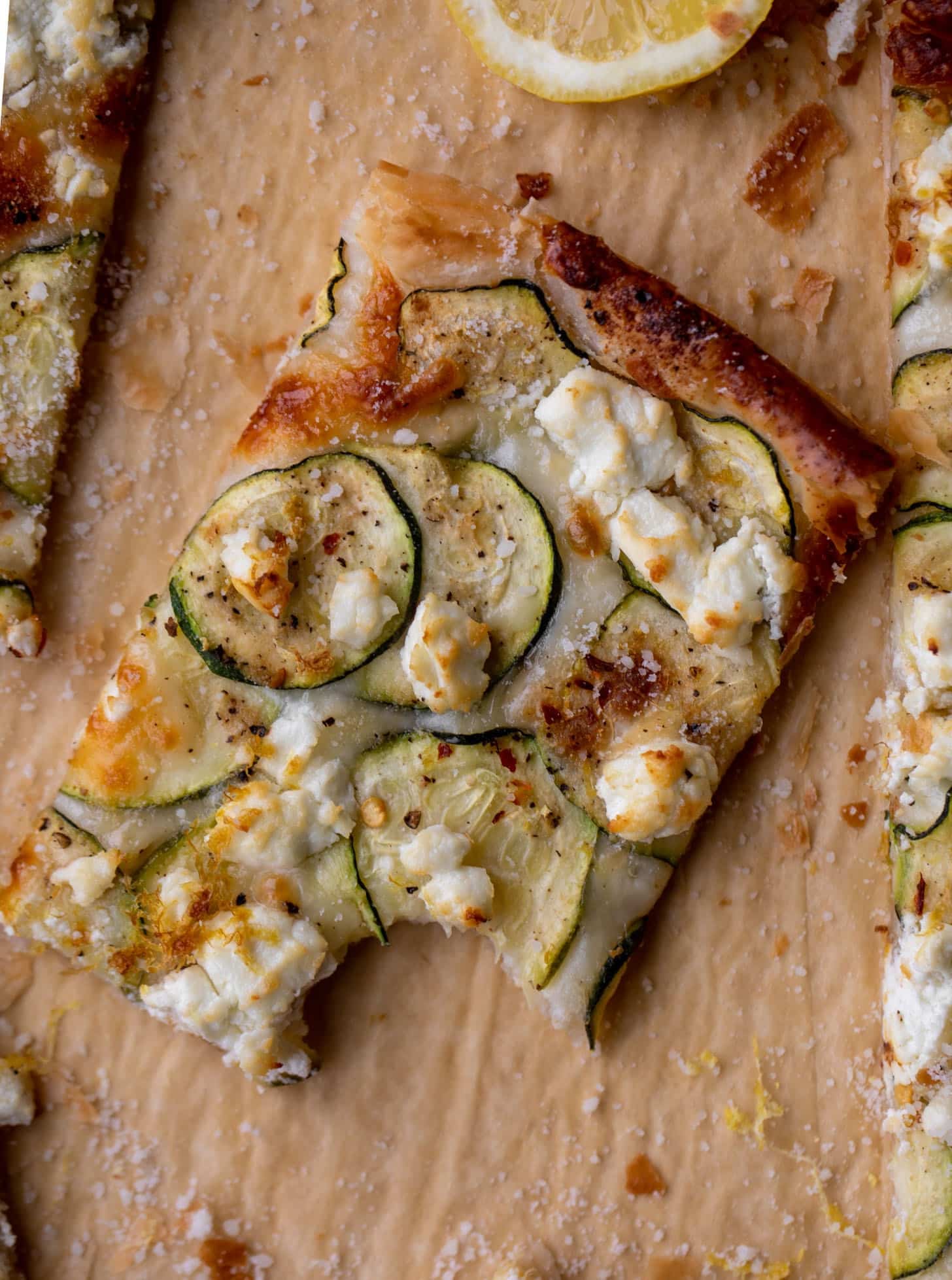 zucchini, lemon & goat cheese puff pastry pizza