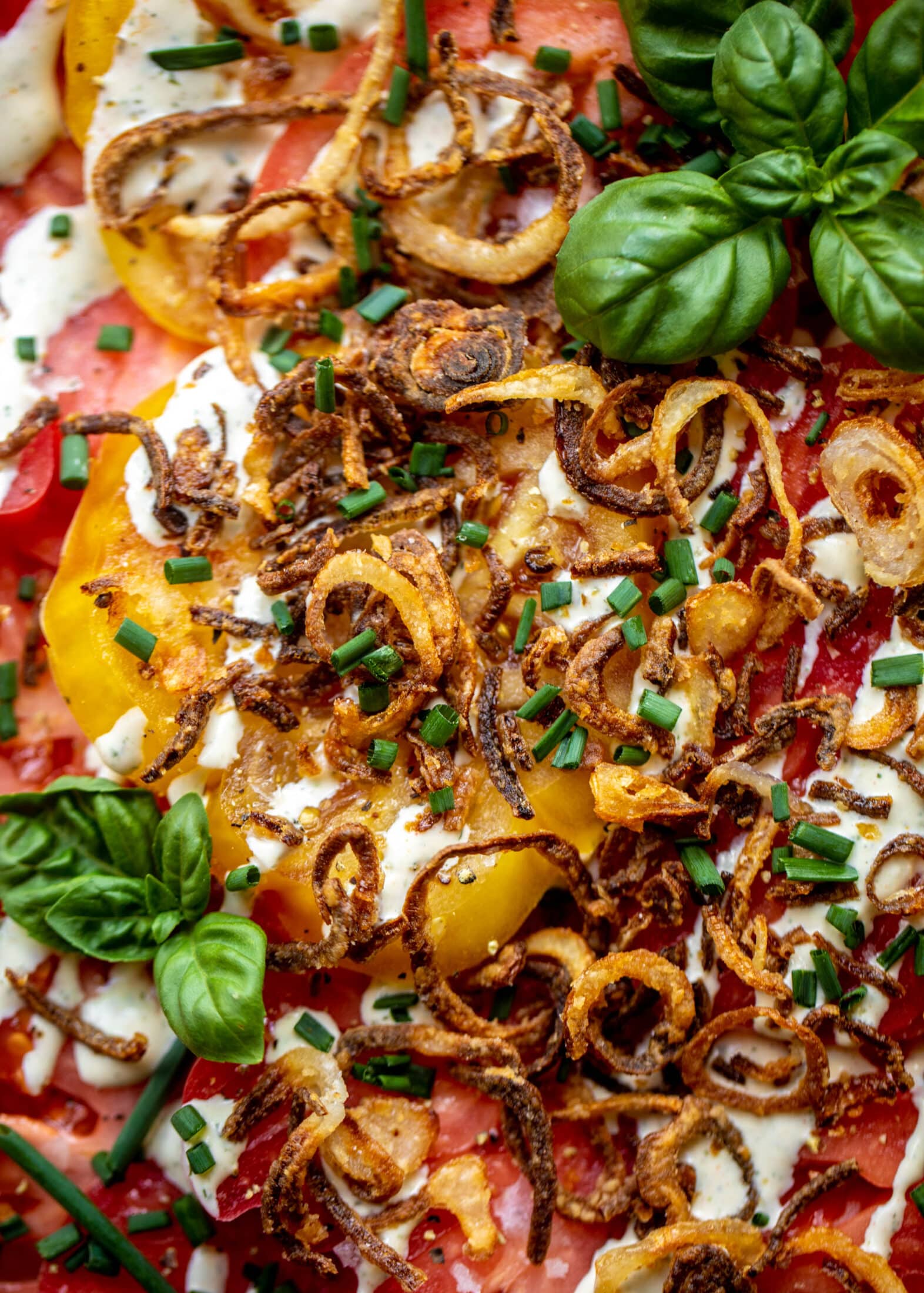 heirloom tomato salad with buttermilk ranch and crispy shallots