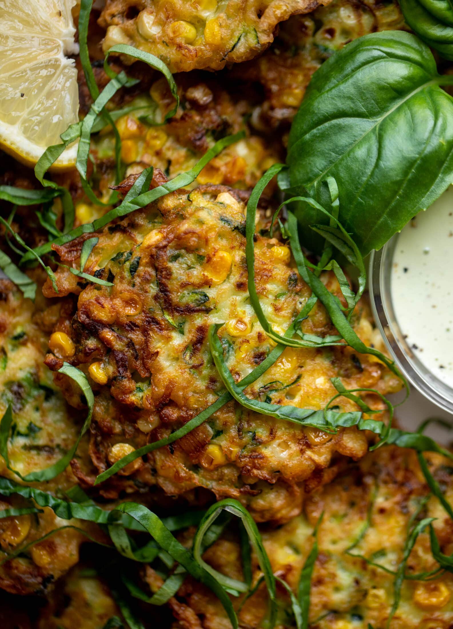 zucchini corn fritters with lemon basil aioli