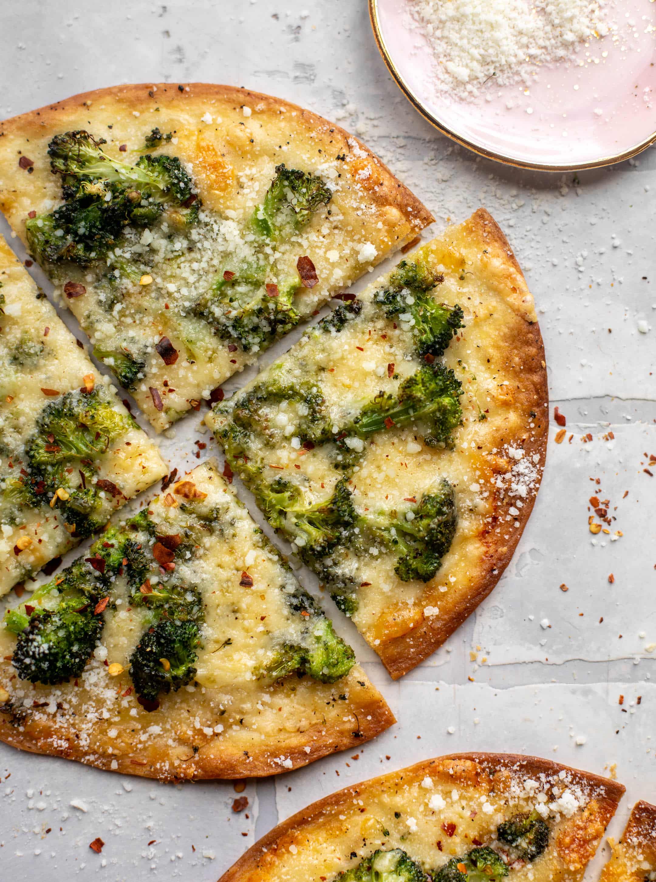 crispy broccoli cheese tortilla pizzas
