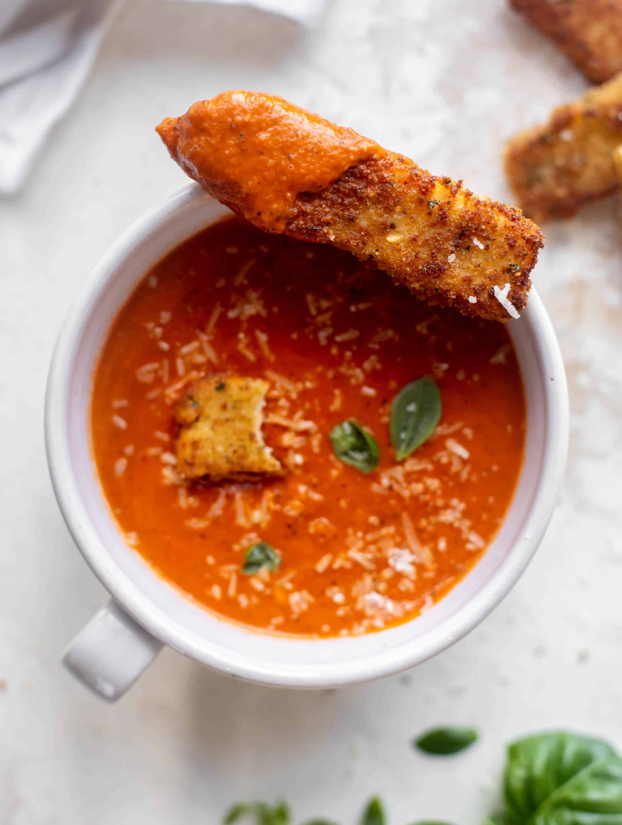tomato soup with halloumi cheese sticks