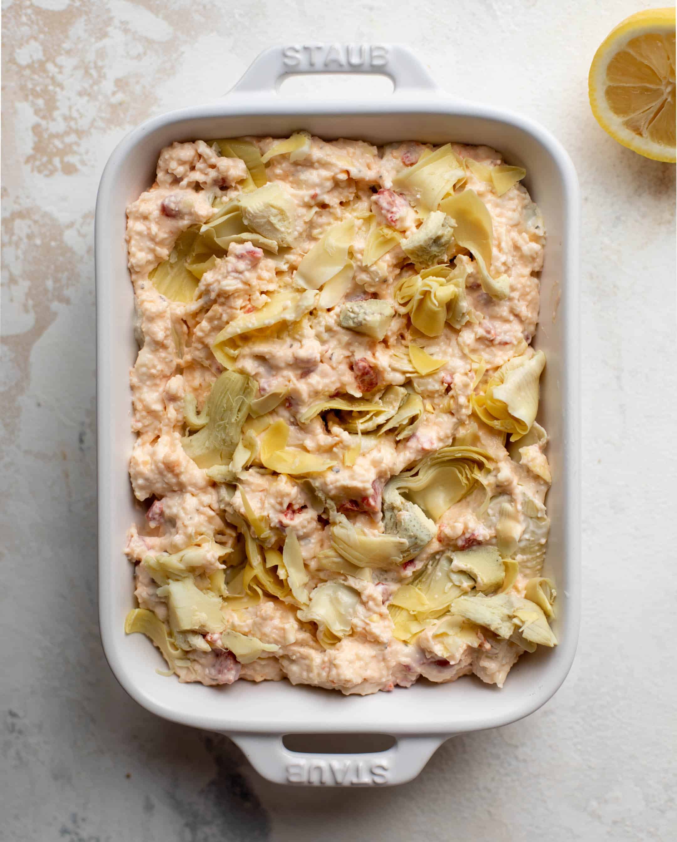 artichoke dip ready for the oven