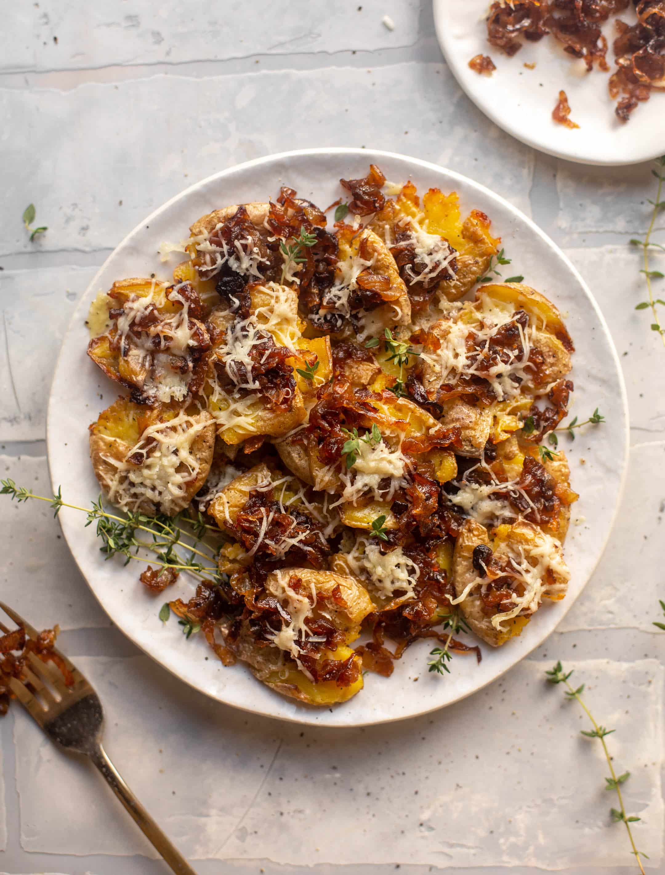 crispy french onion smashed potatoes