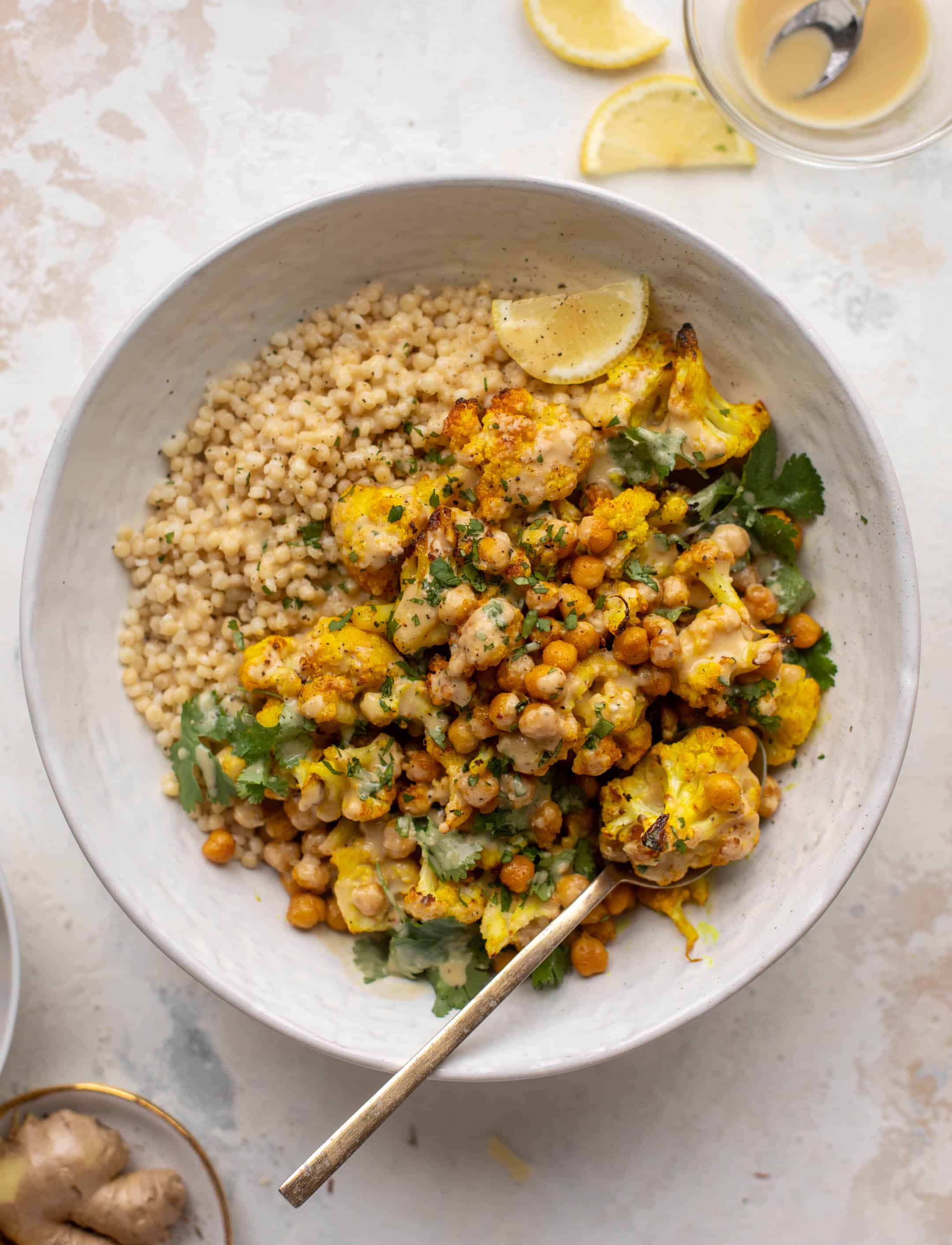 golden ginger cauliflower chickpea bowls