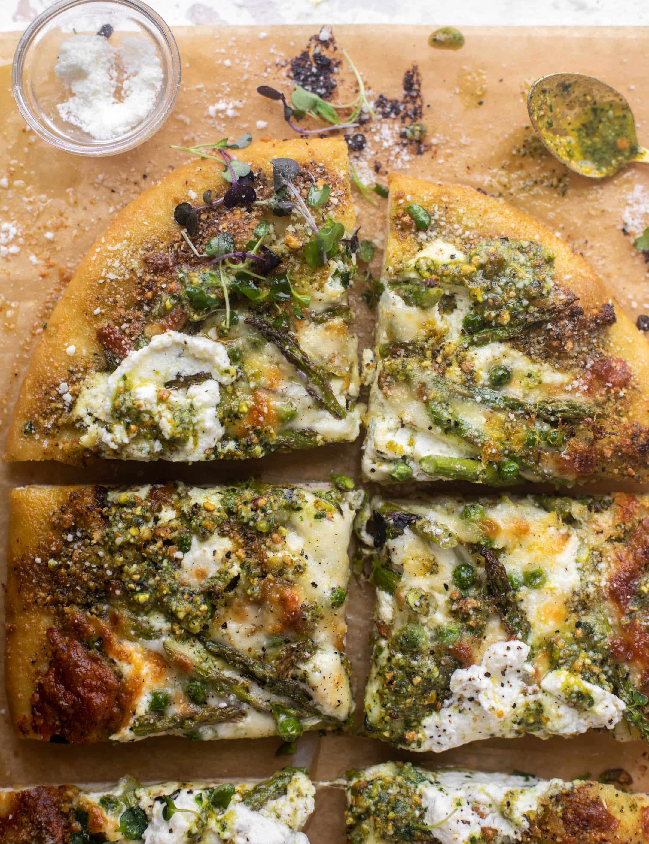 spring pistachio pesto pizza