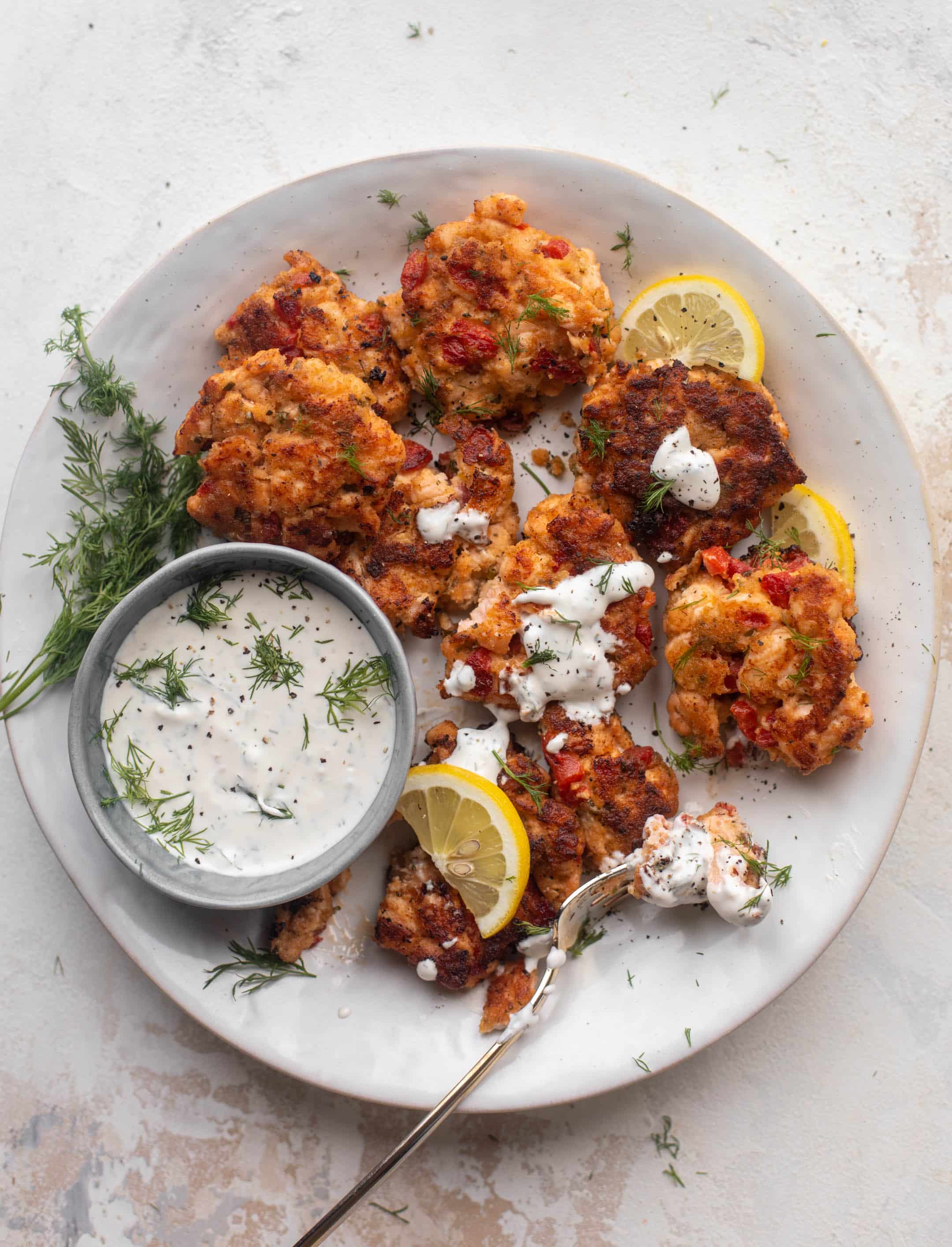 salmon fritters with dill sauce