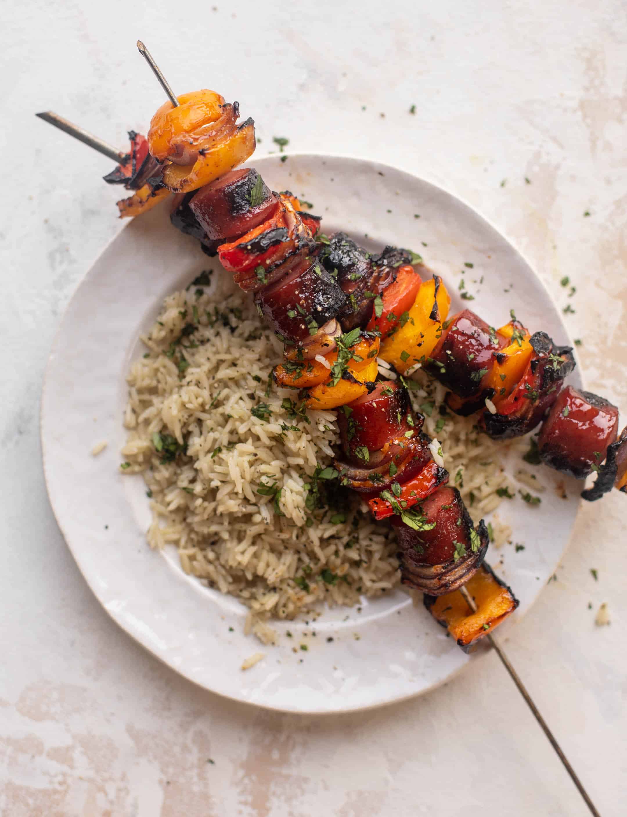 hot honey BBQ smoked sausage and peppers