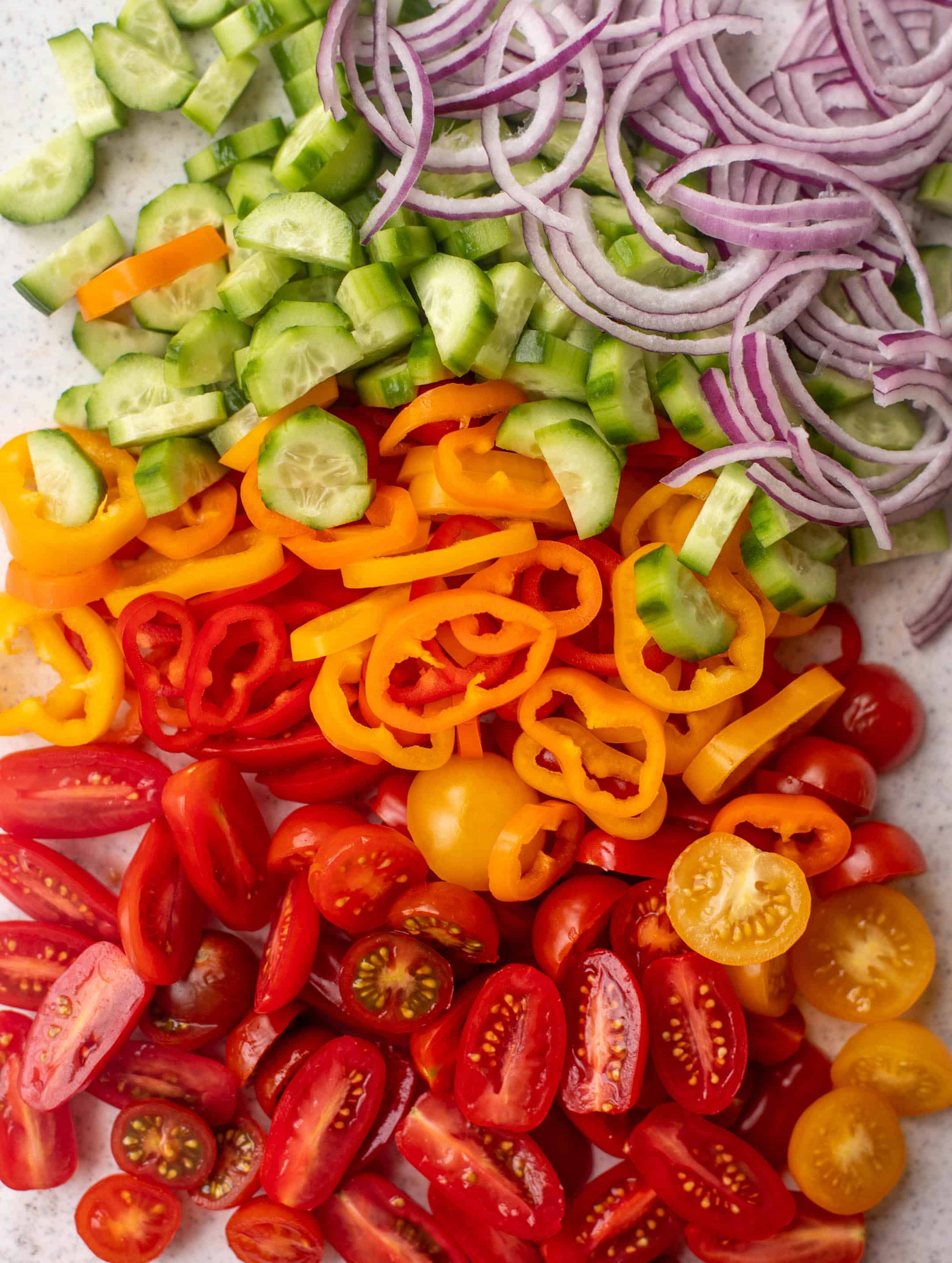 tomatoes, cucumbers, peppers, onions