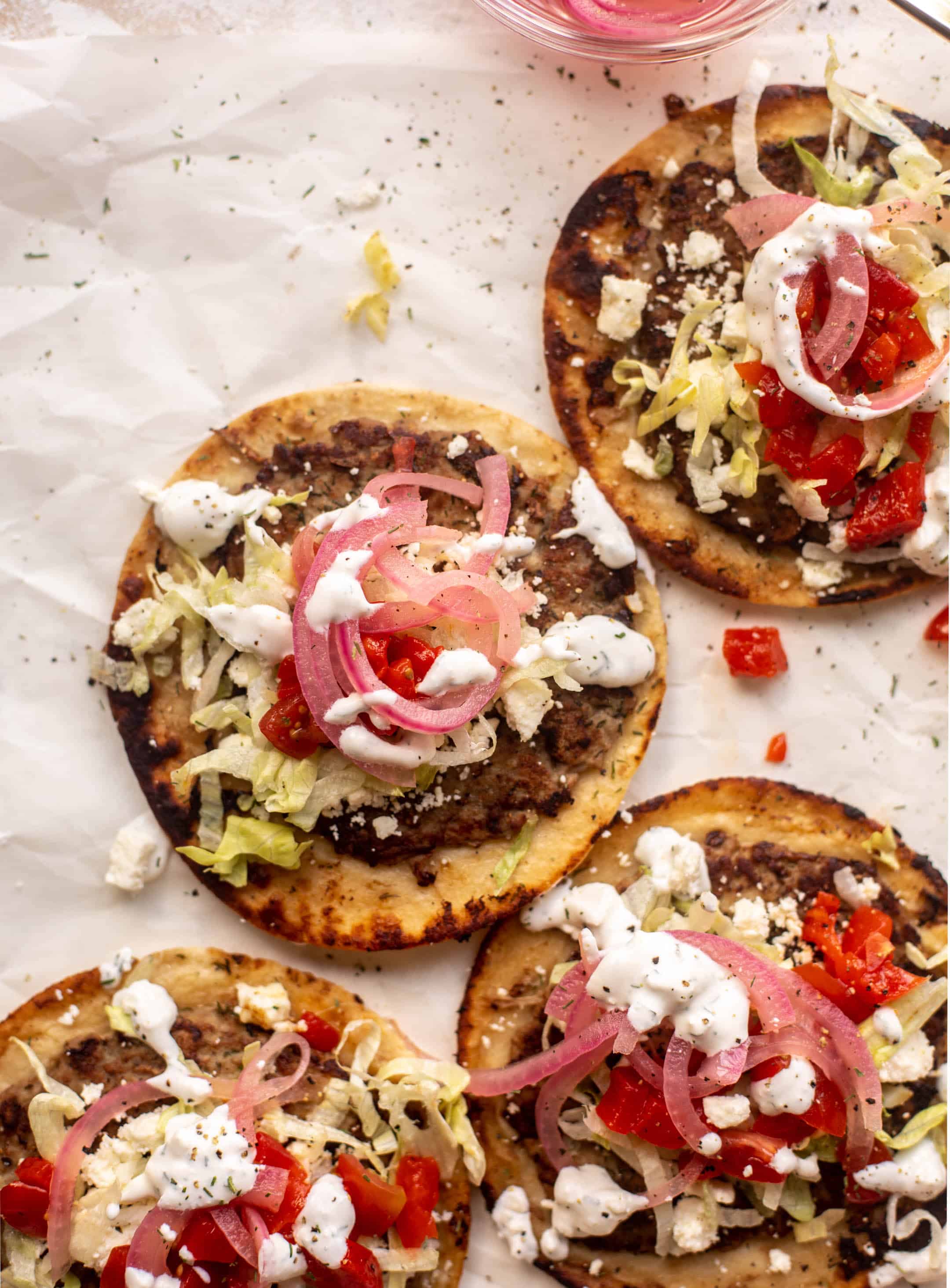 Mediterranean turkey smash burger tacos