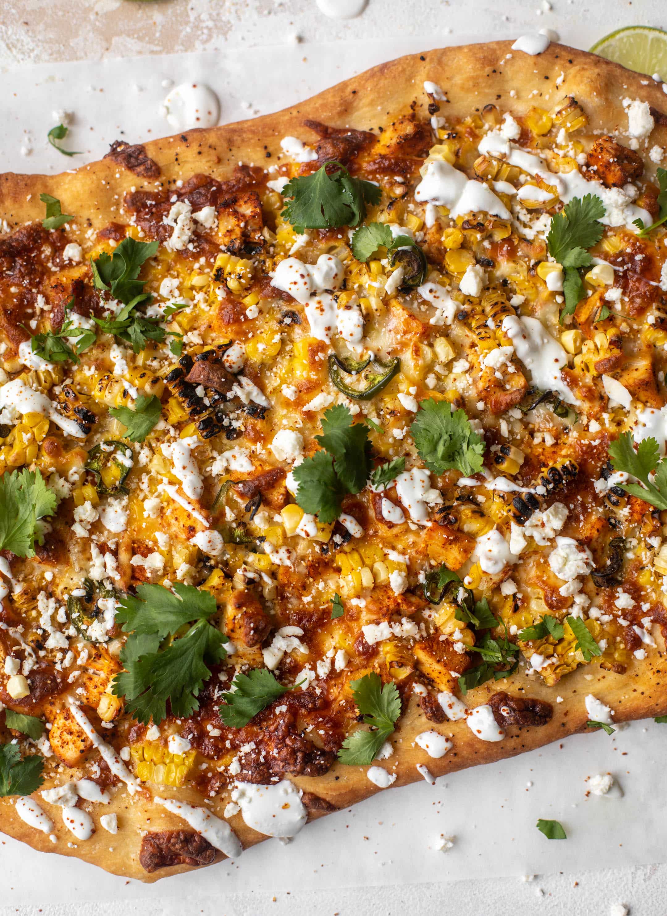 street corn pizza with chili lime chicken