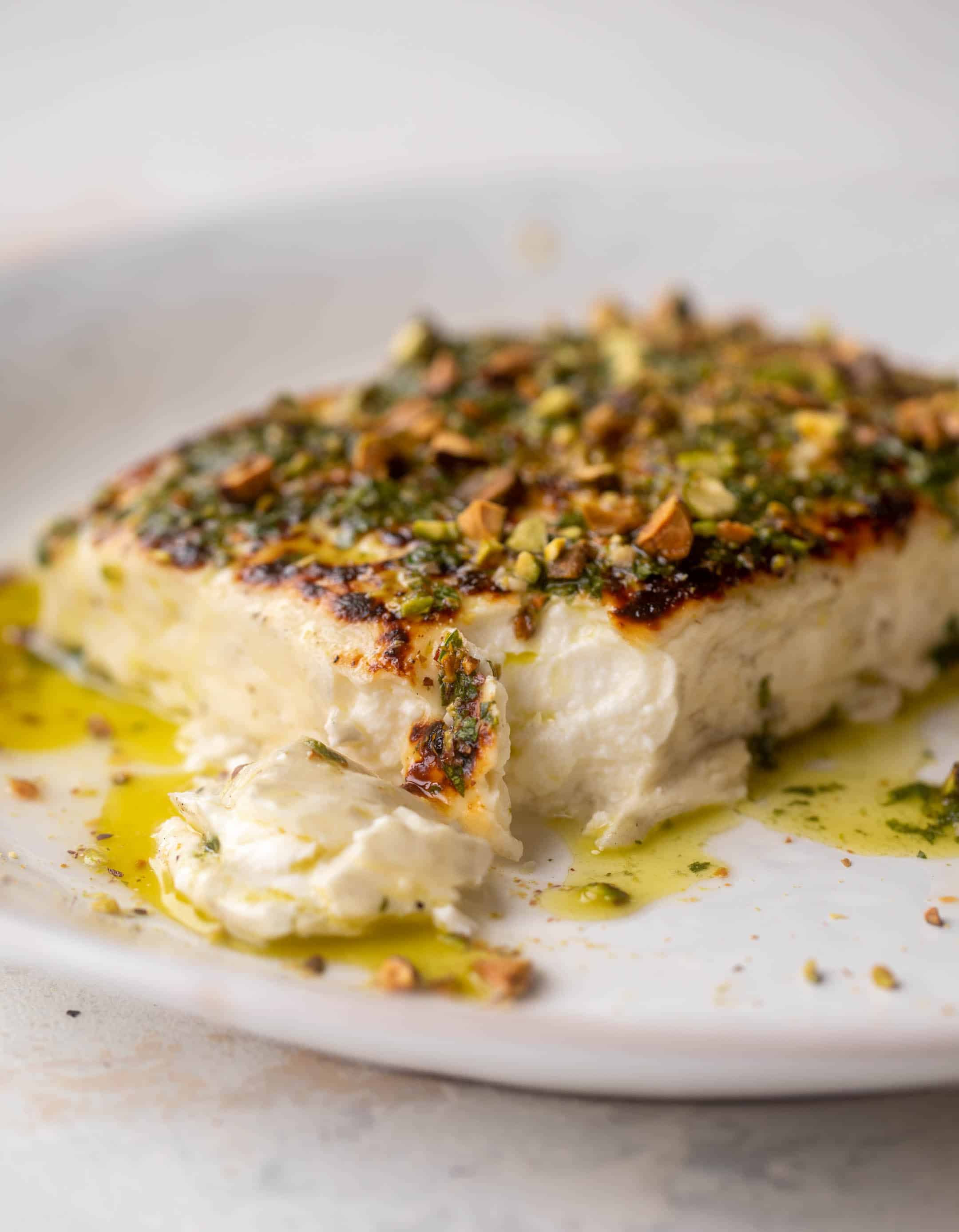 grilled feta with pistachios and chimichurri