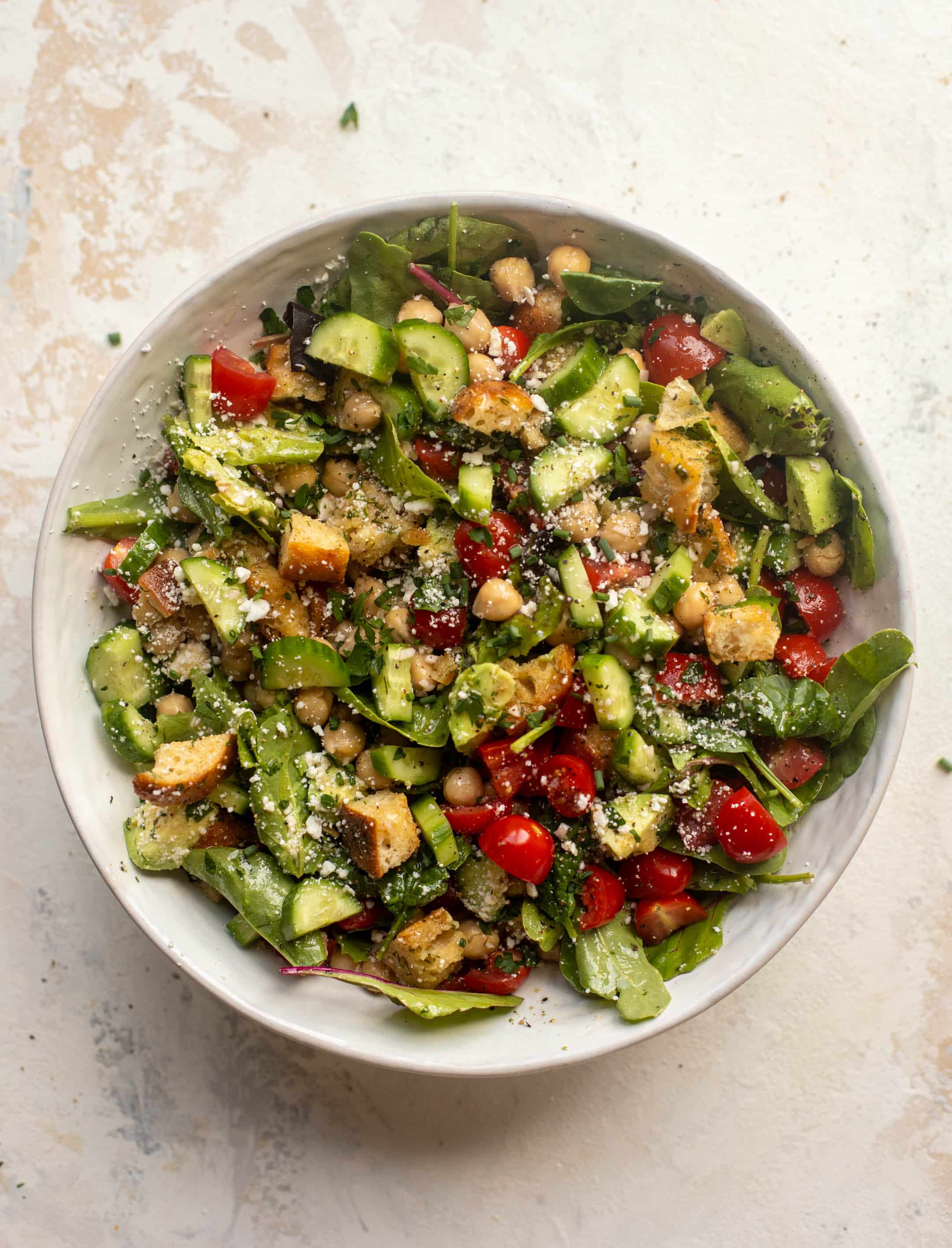 chickpea salad bowl with dilly croutons