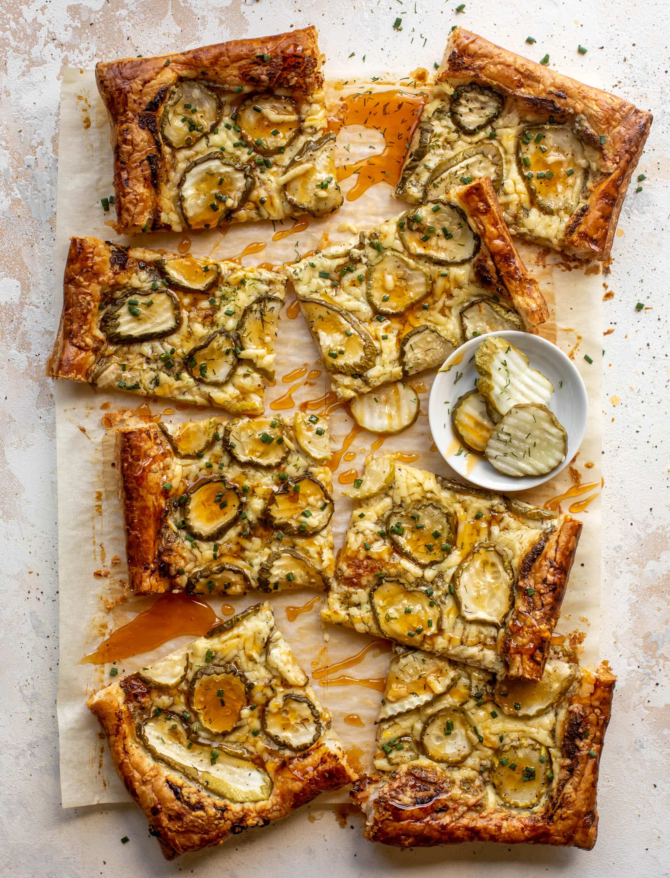 pickle puff pastry pizza with hot honey