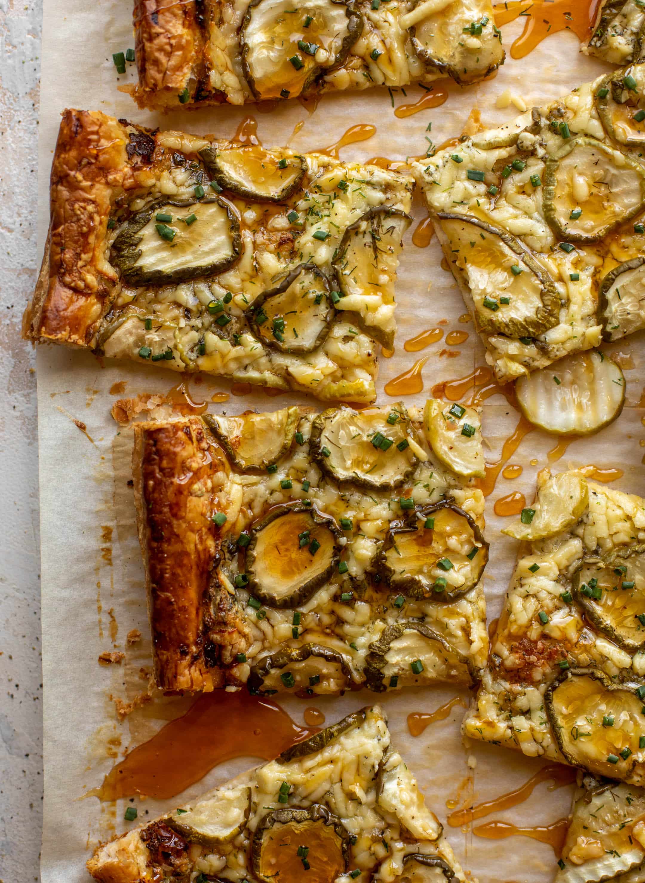 pickle puff pastry pizza with hot honey