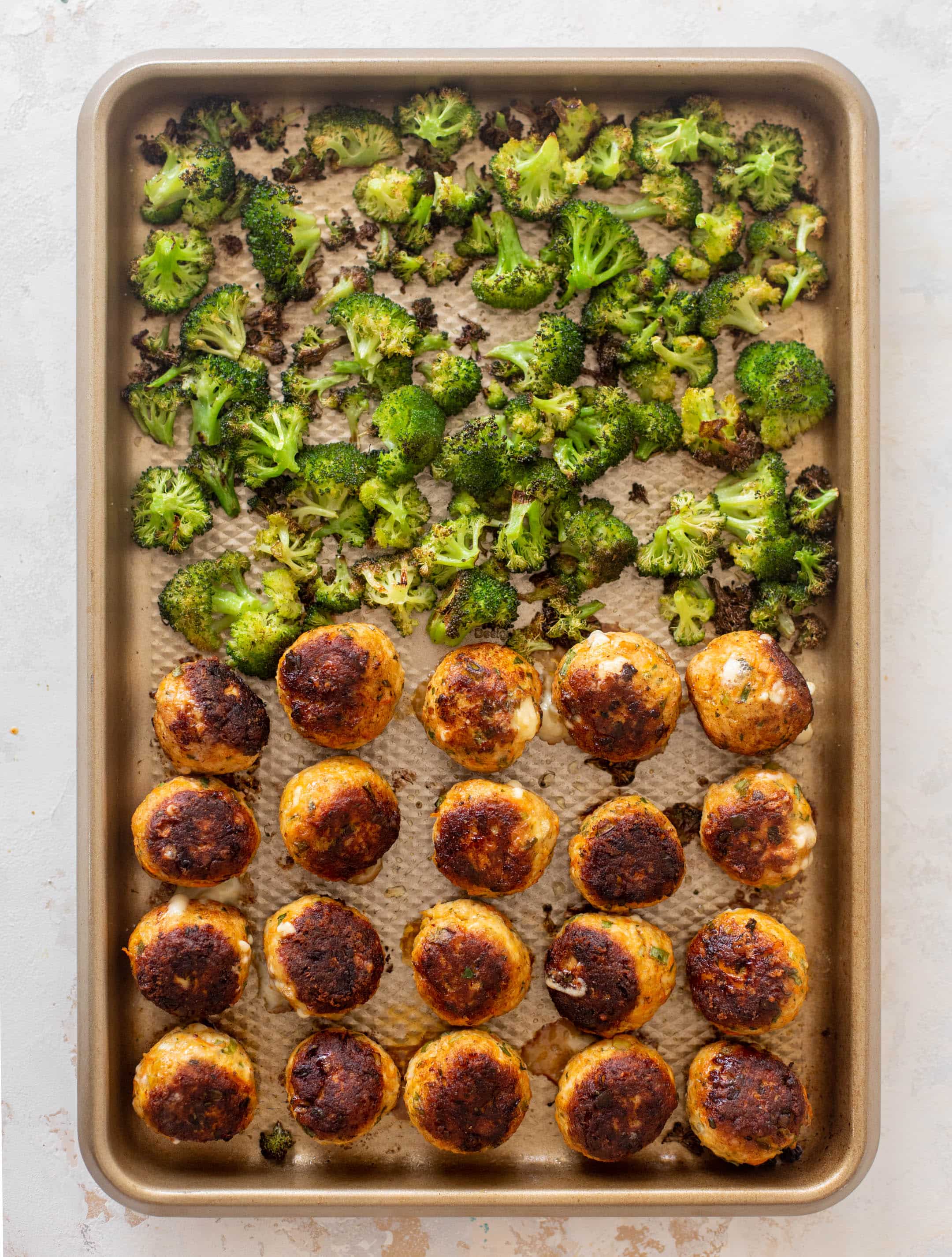 sheet pan buffalo chicken meatballs & broccoli