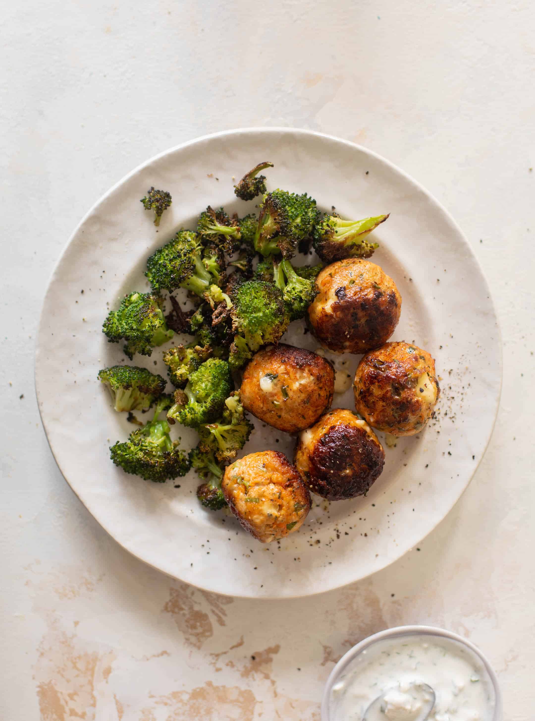 sheet pan buffalo chicken meatballs & broccoli