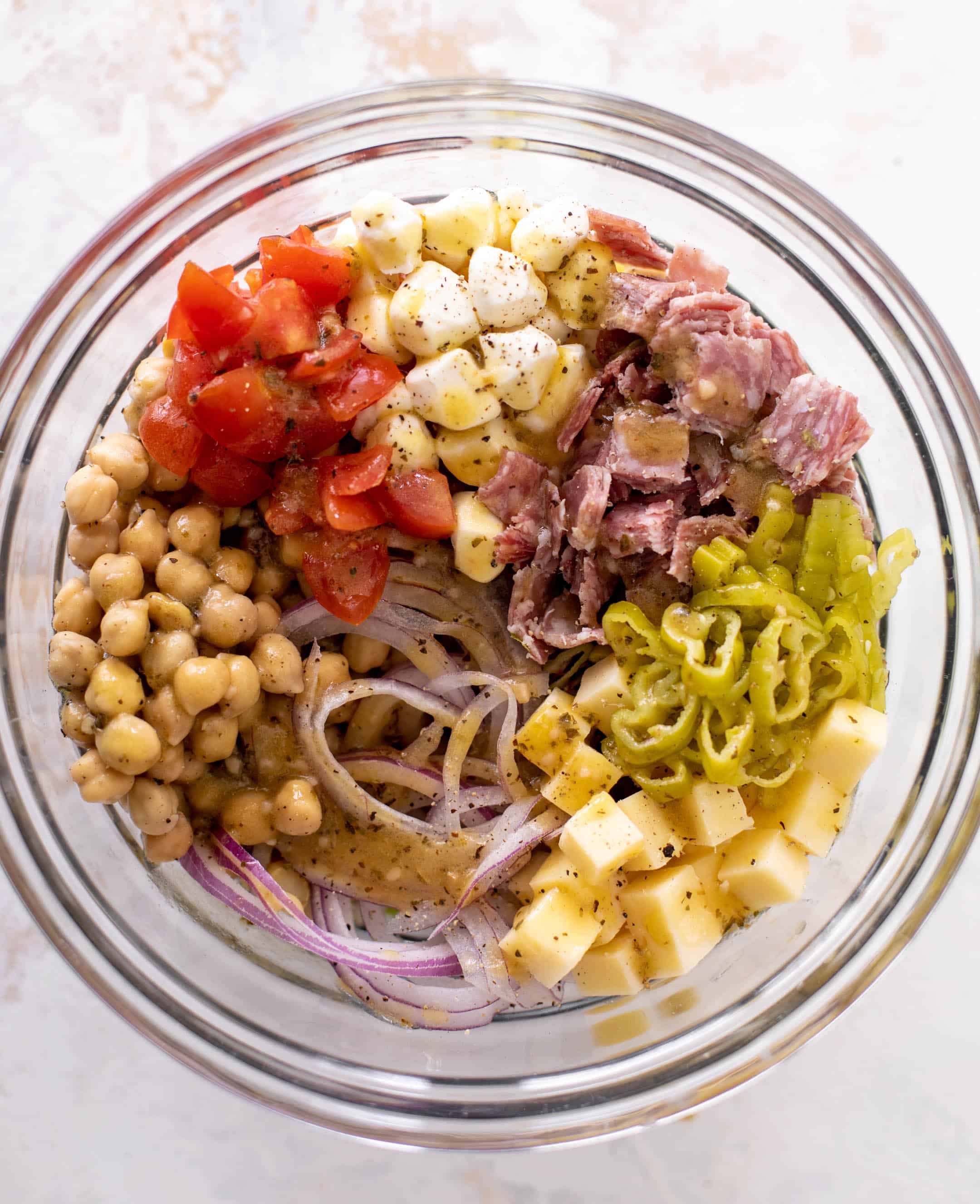 italian chopped salad on garlic bread