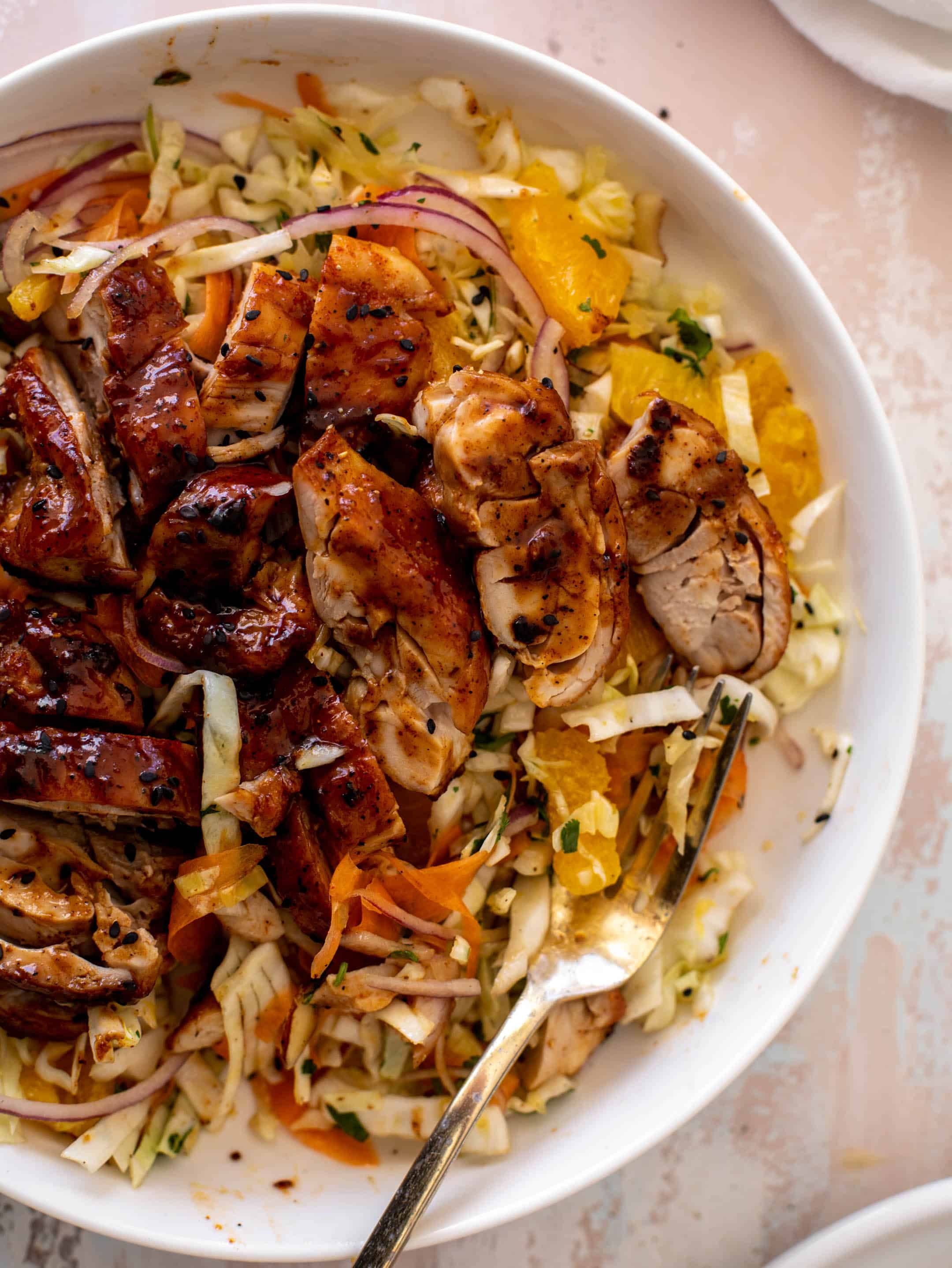 hot honey BBQ chicken with citrus slaw