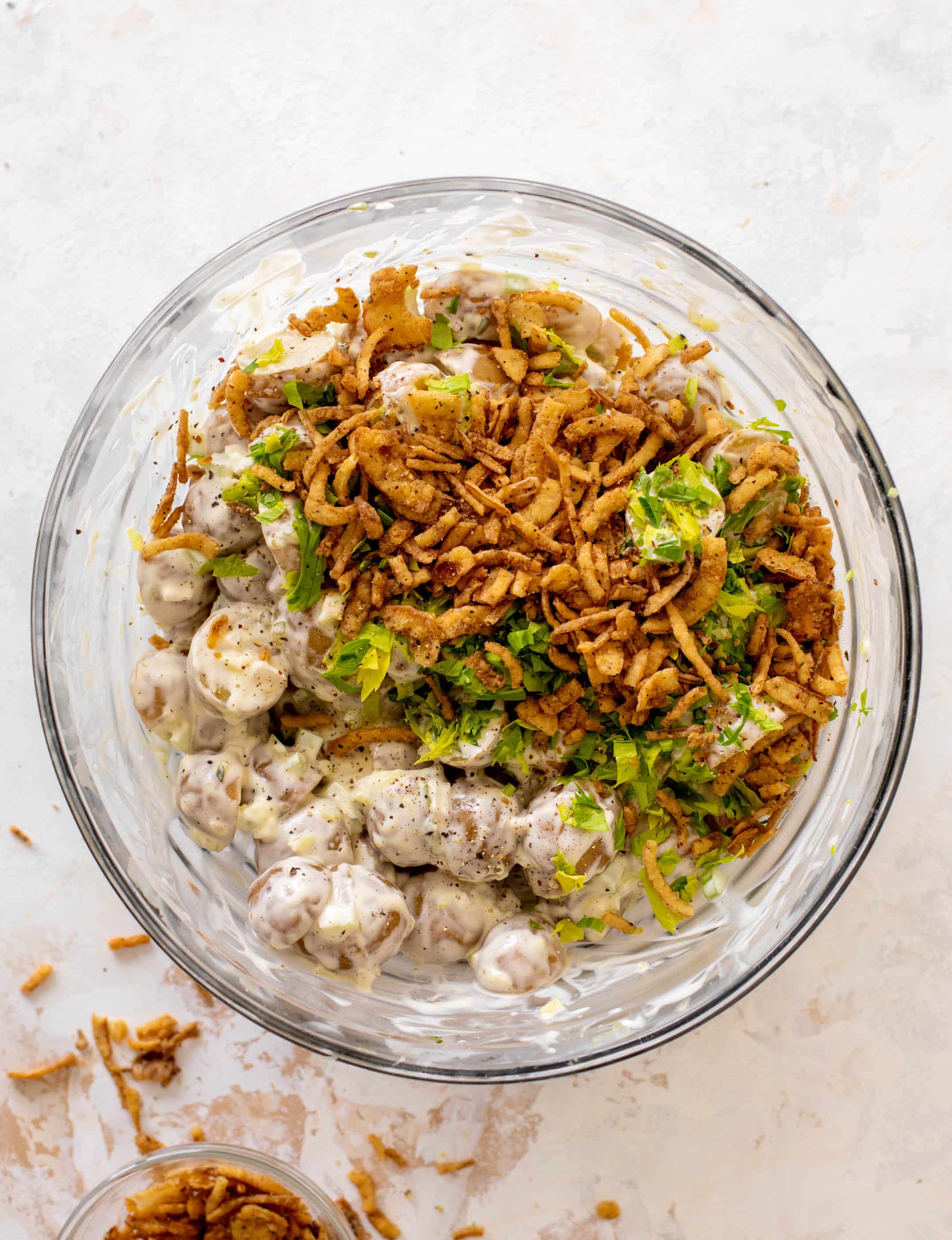 potato salad with crispy shallots