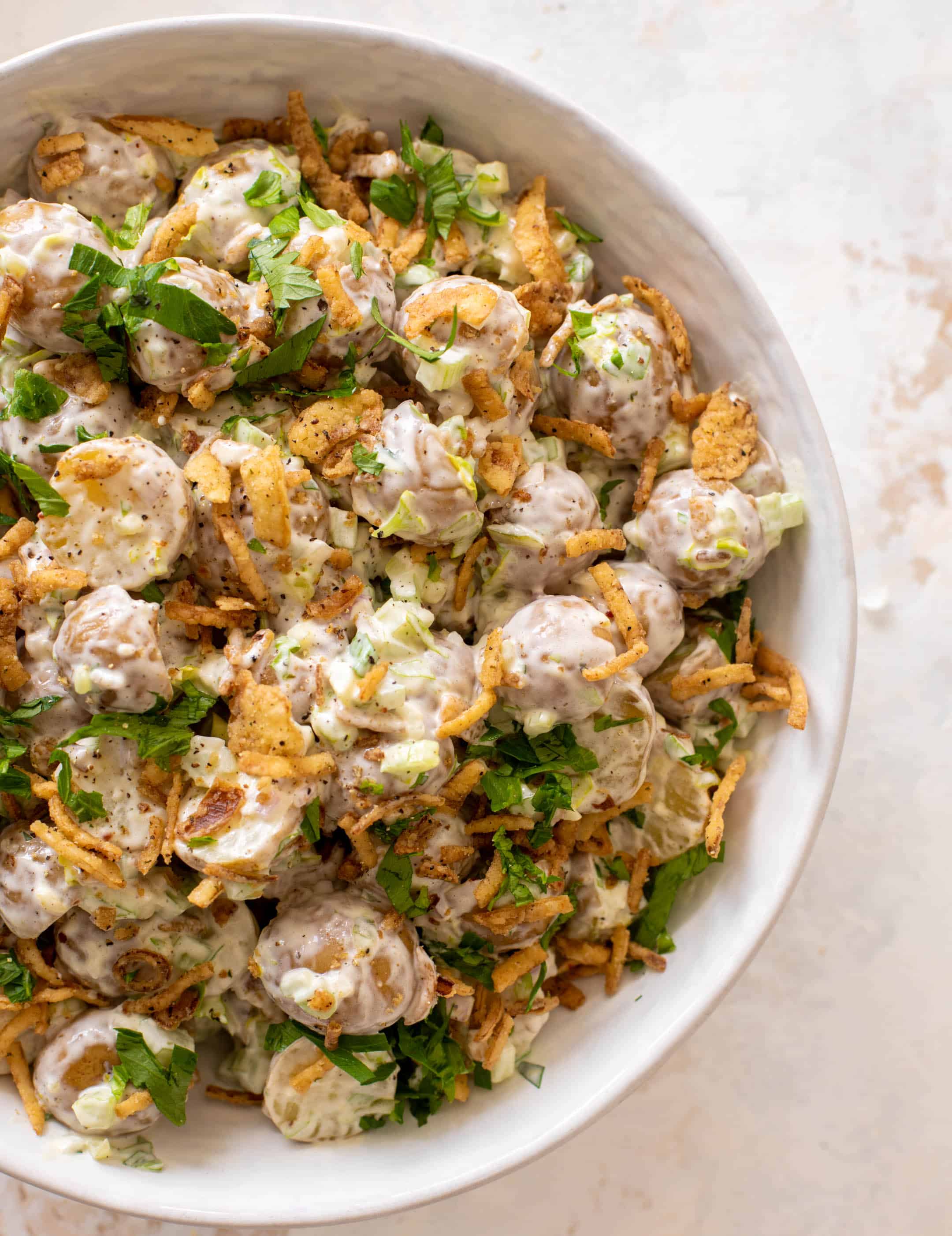 potato salad with crispy shallots