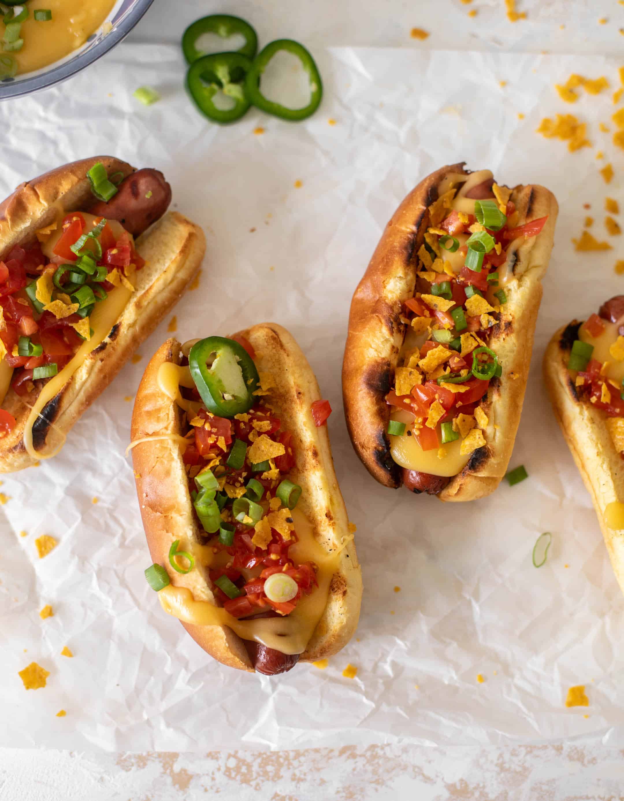 tortilla crunch queso hot dogs