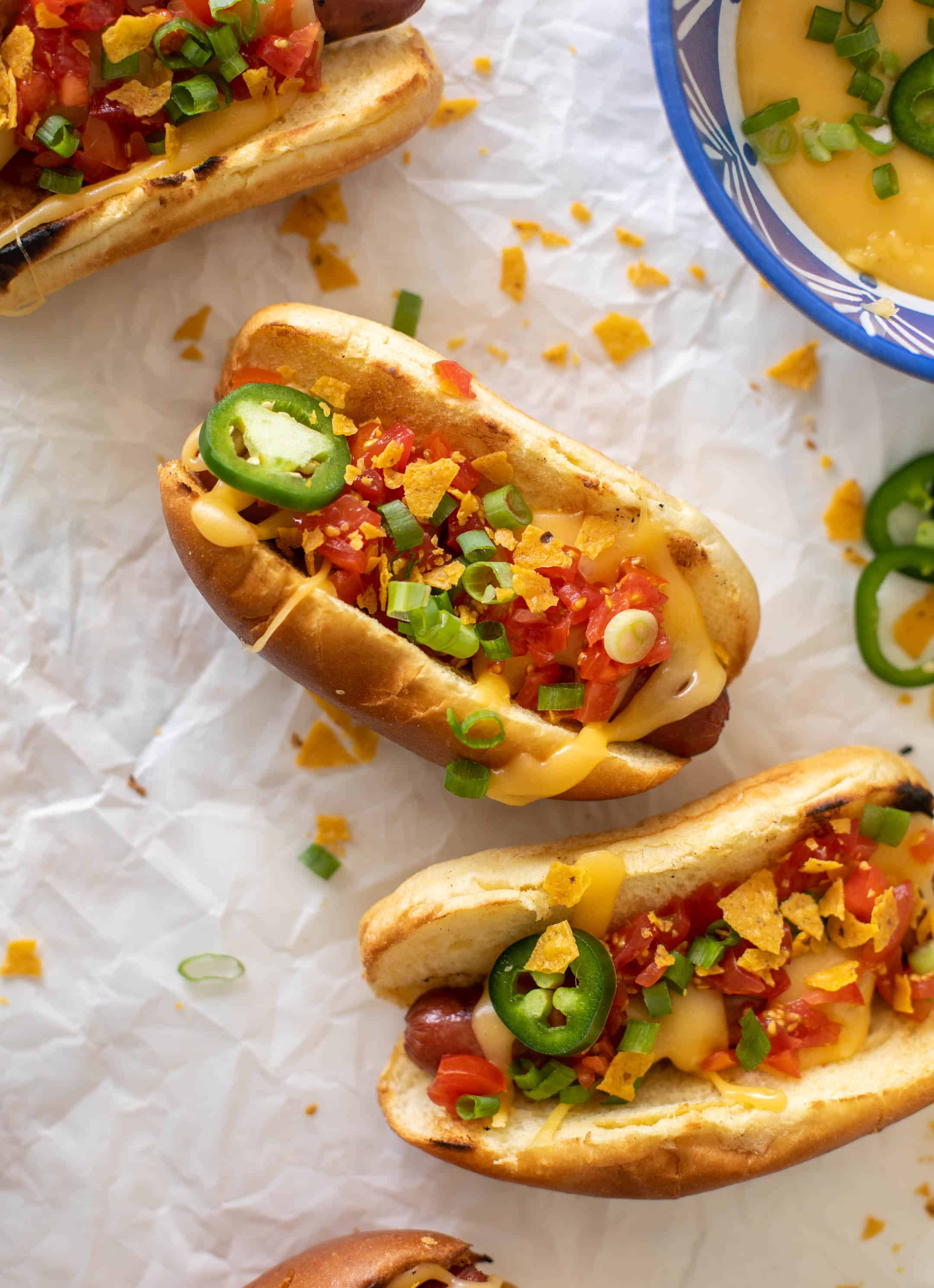 tortilla crunch queso hot dogs