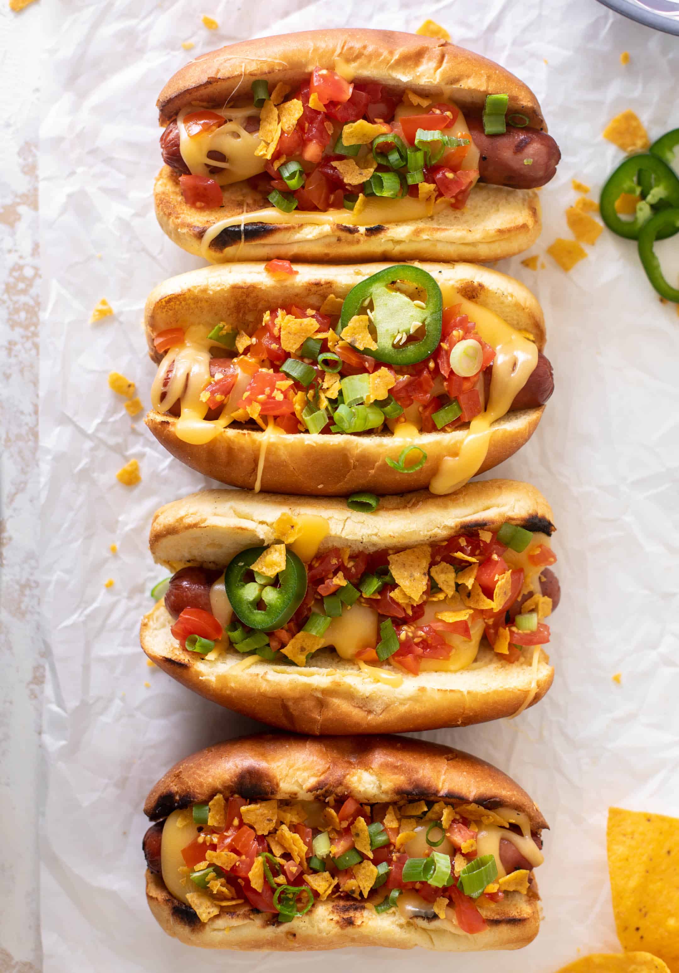 tortilla crunch queso hot dogs