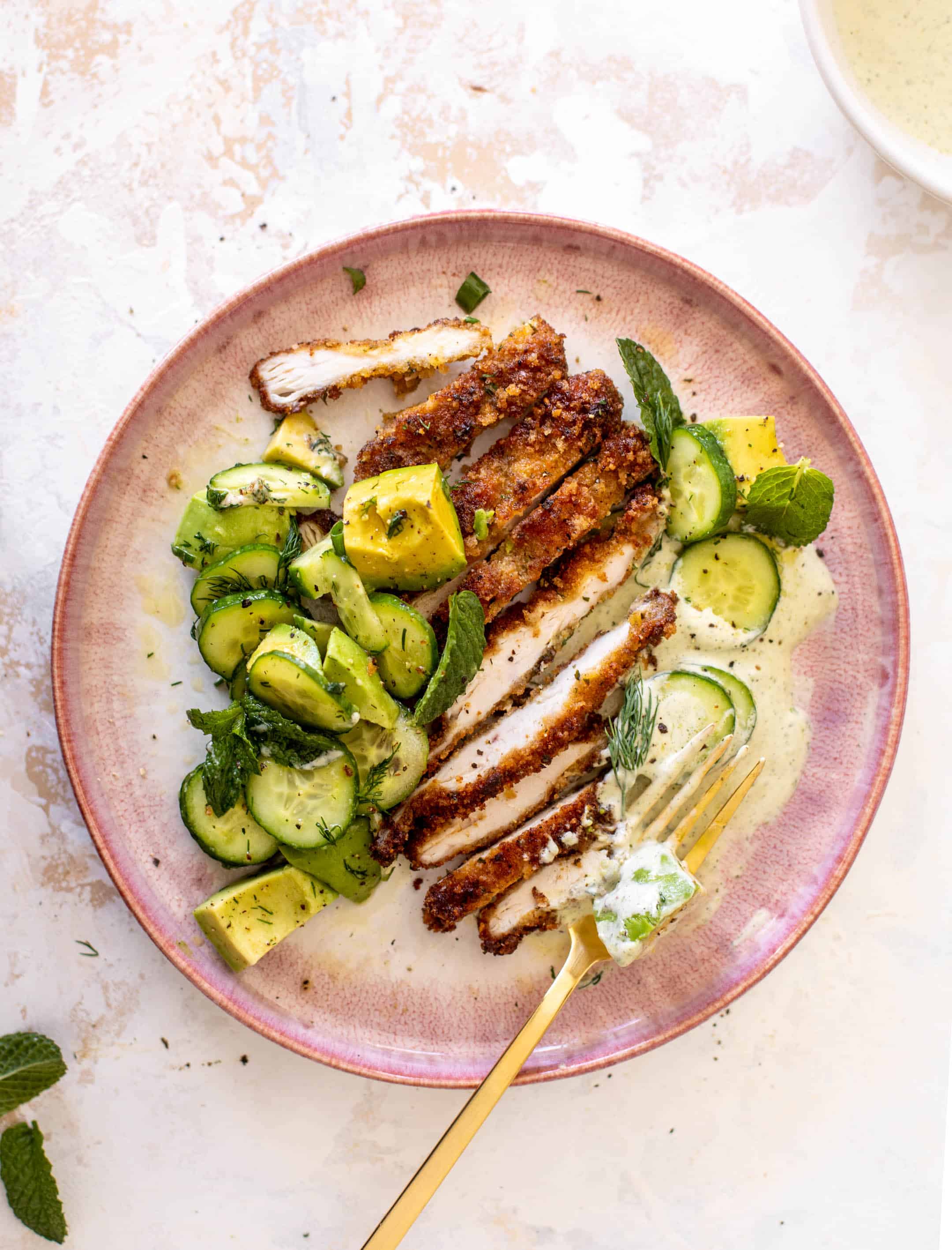 crispy chicken with avocado salad