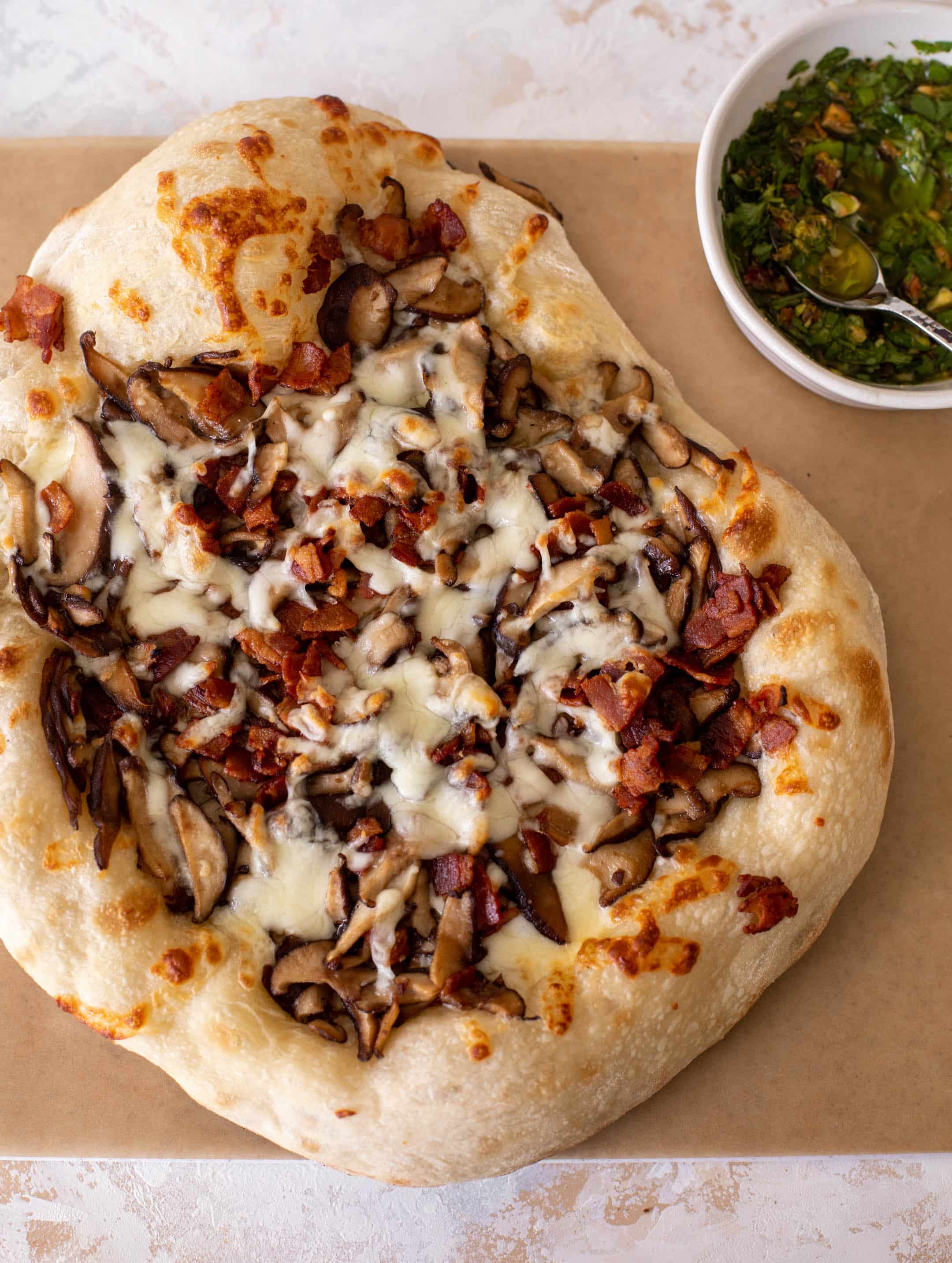 summer mushroom pizza with pistachio vinaigrette