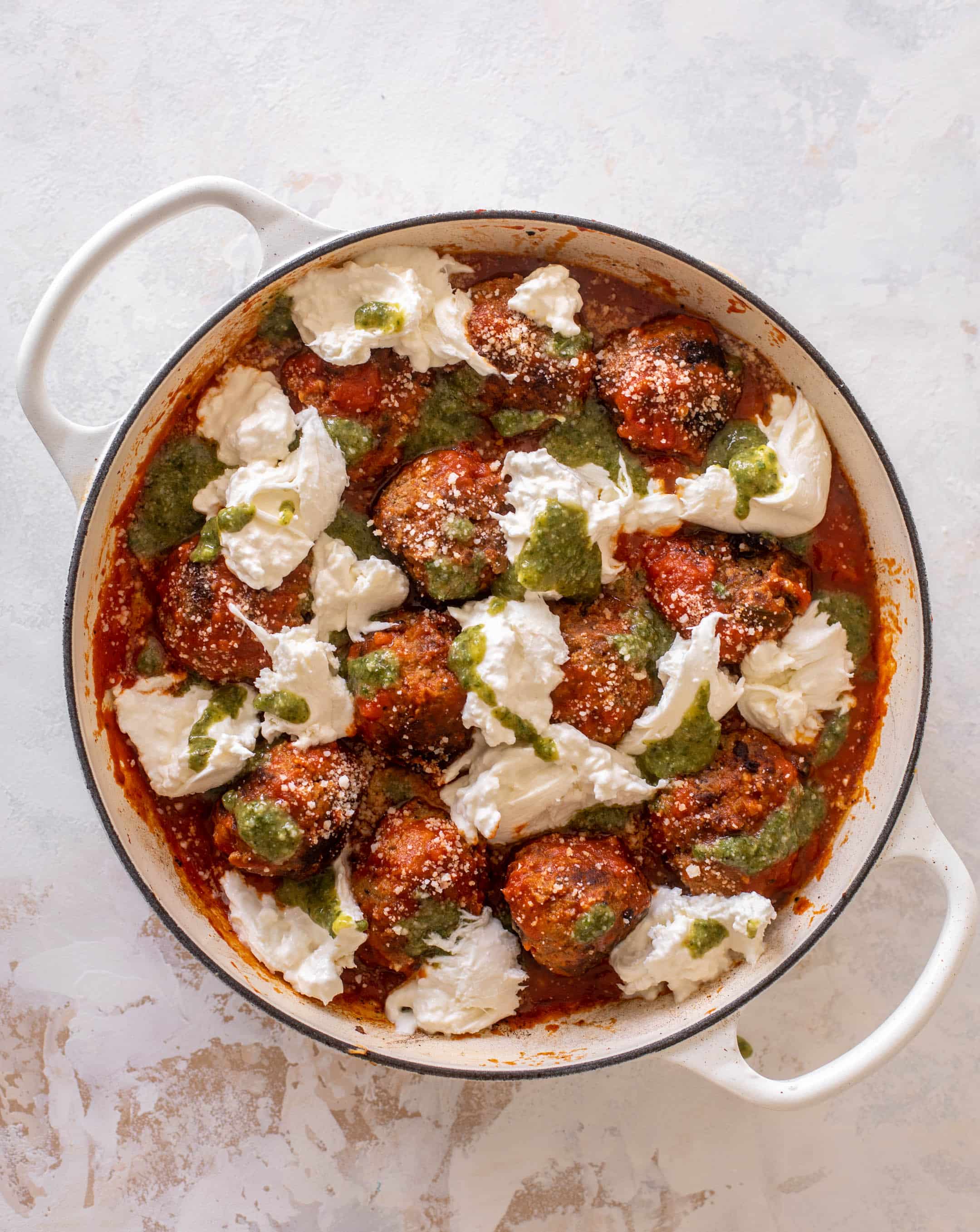 cheesy baked pesto meatballs with burrata