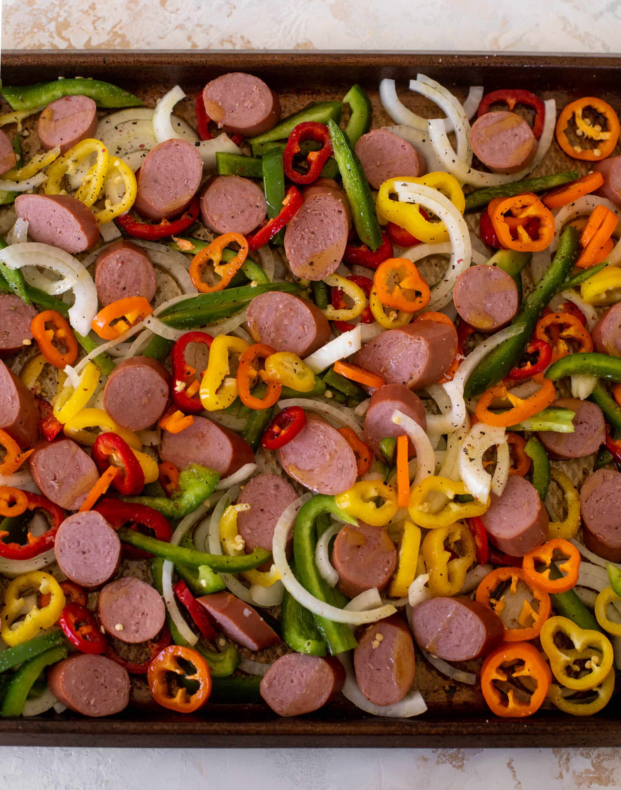 sheet pan smoked sausage tortellini and vegetables