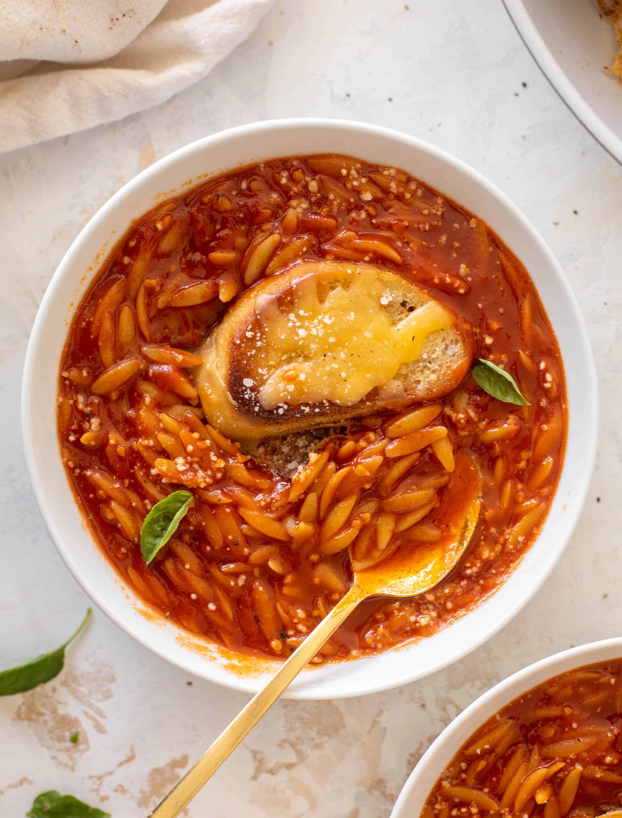 tomato orzo soup with crunchy cheddar toasts