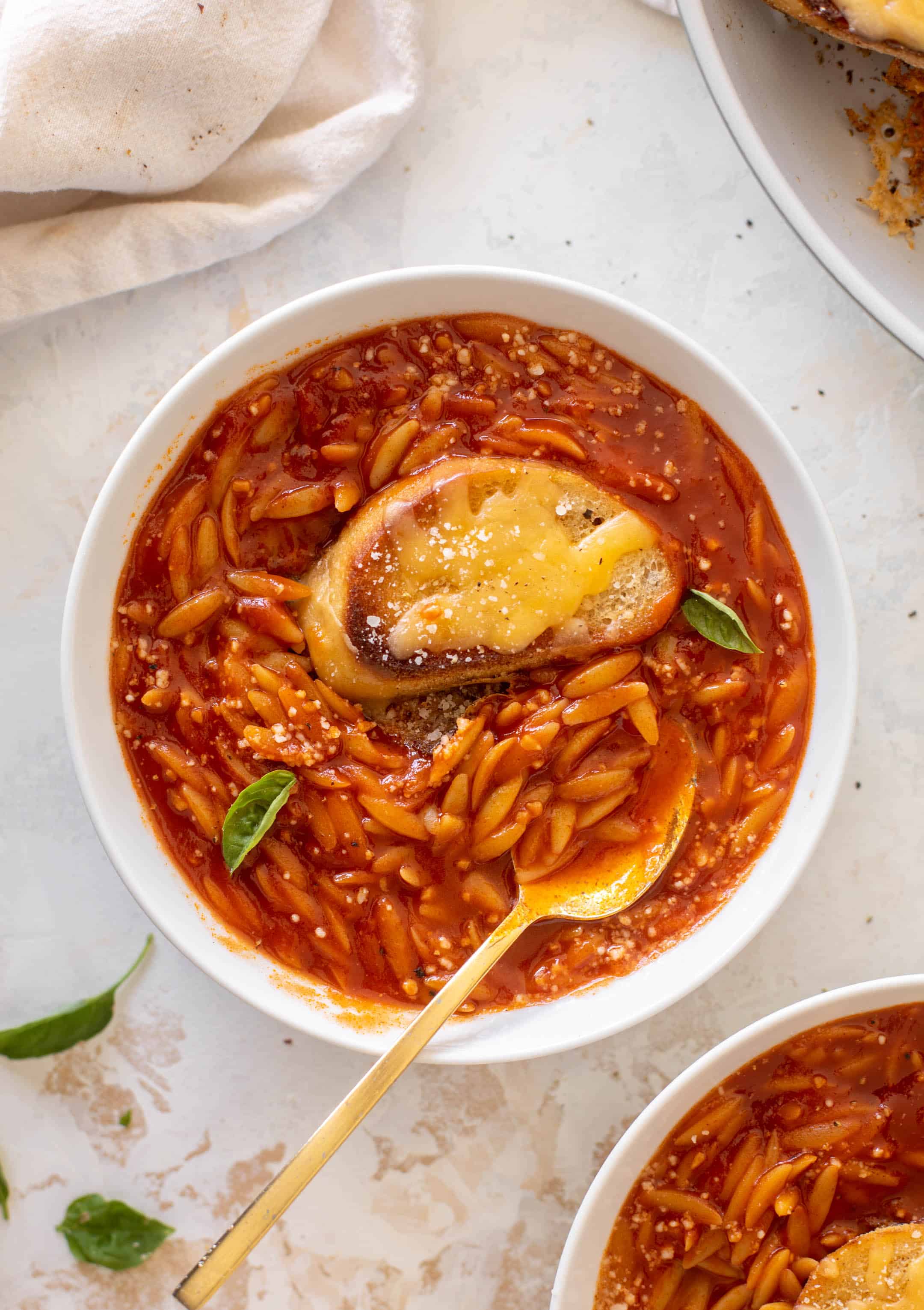 tomato orzo soup with crunchy cheddar toasts