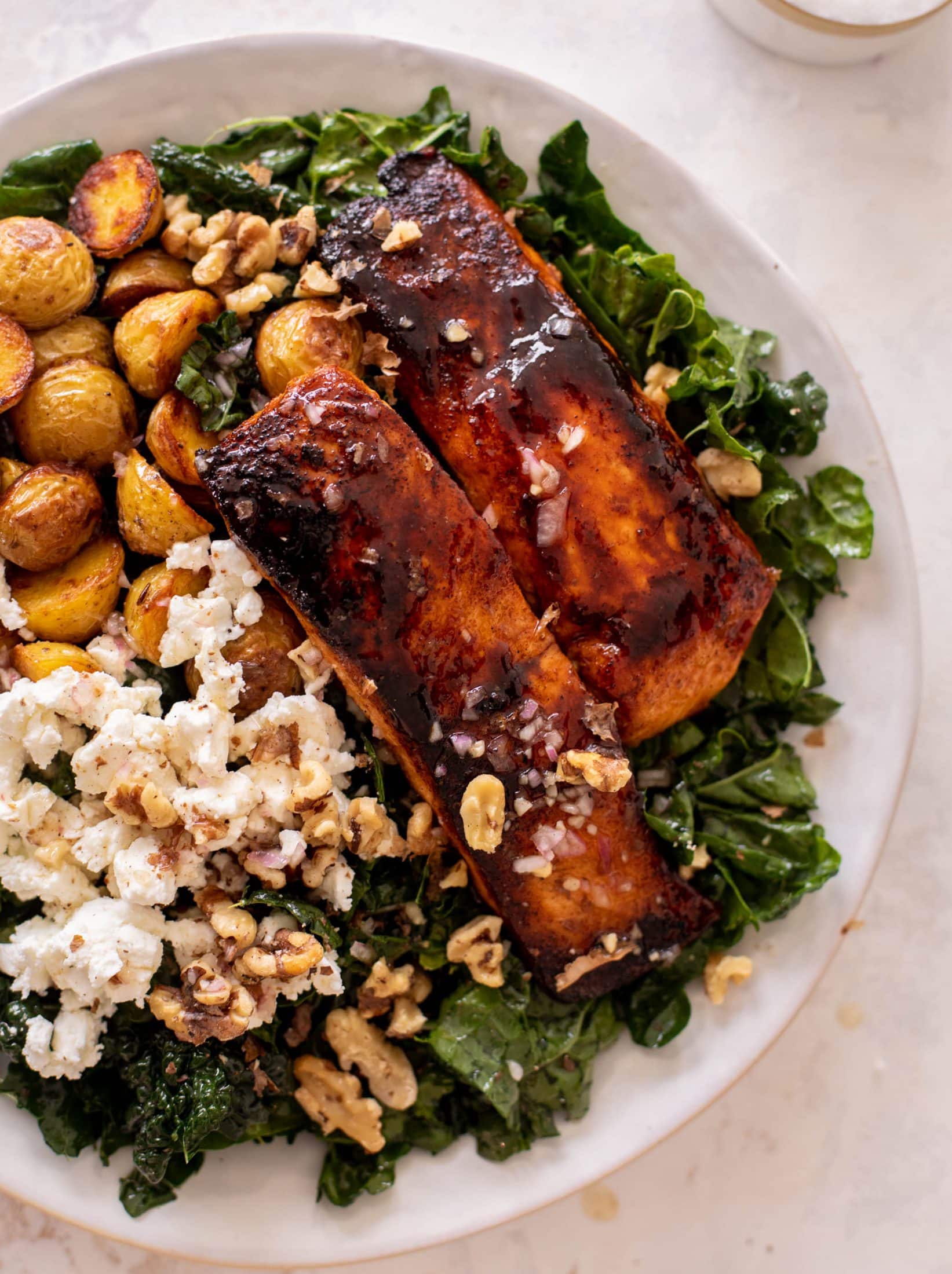 sticky cider salmon kale salad