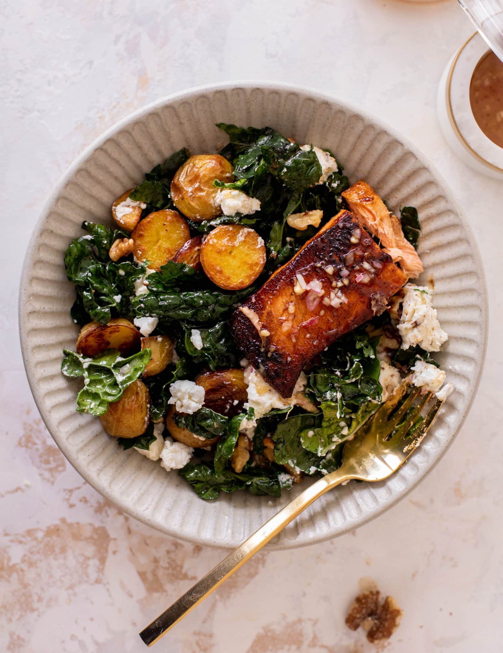 sticky cider salmon kale salad