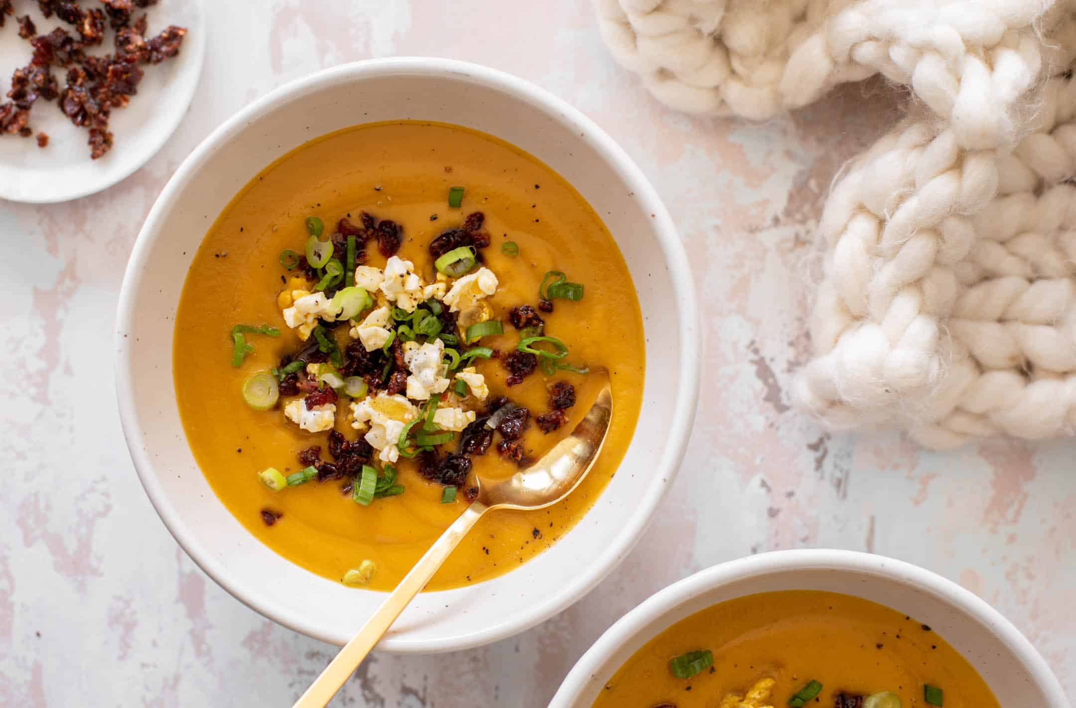 honeynut squash soup with buttered popcorn