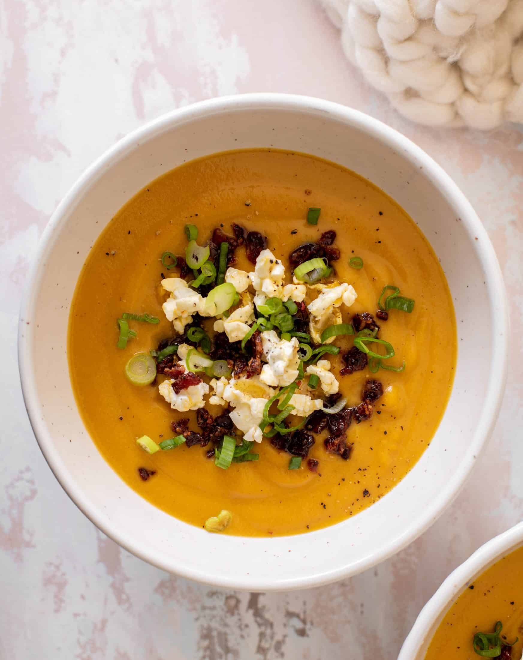 honeynut squash soup with buttered popcorn