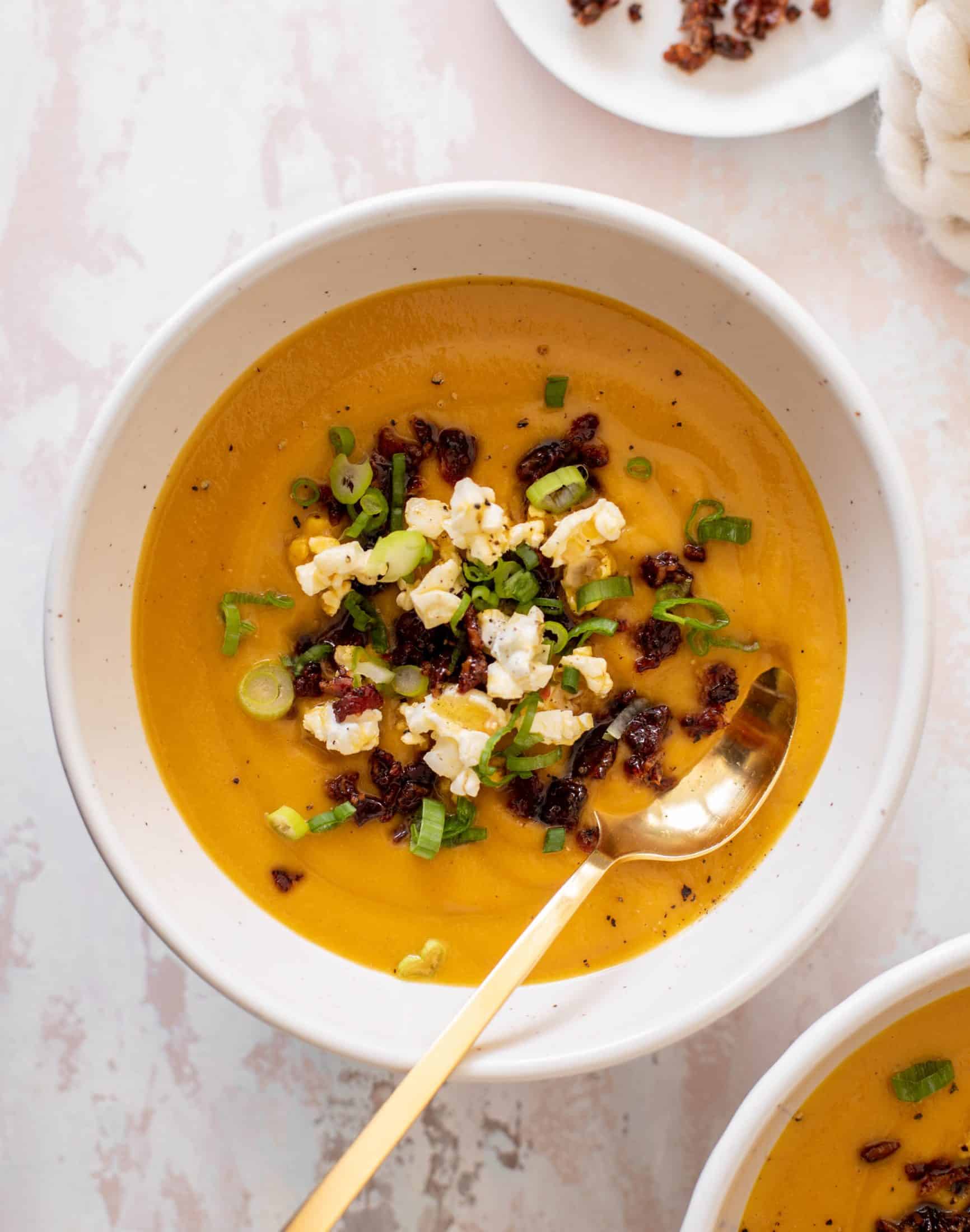 honeynut squash soup with buttered popcorn
