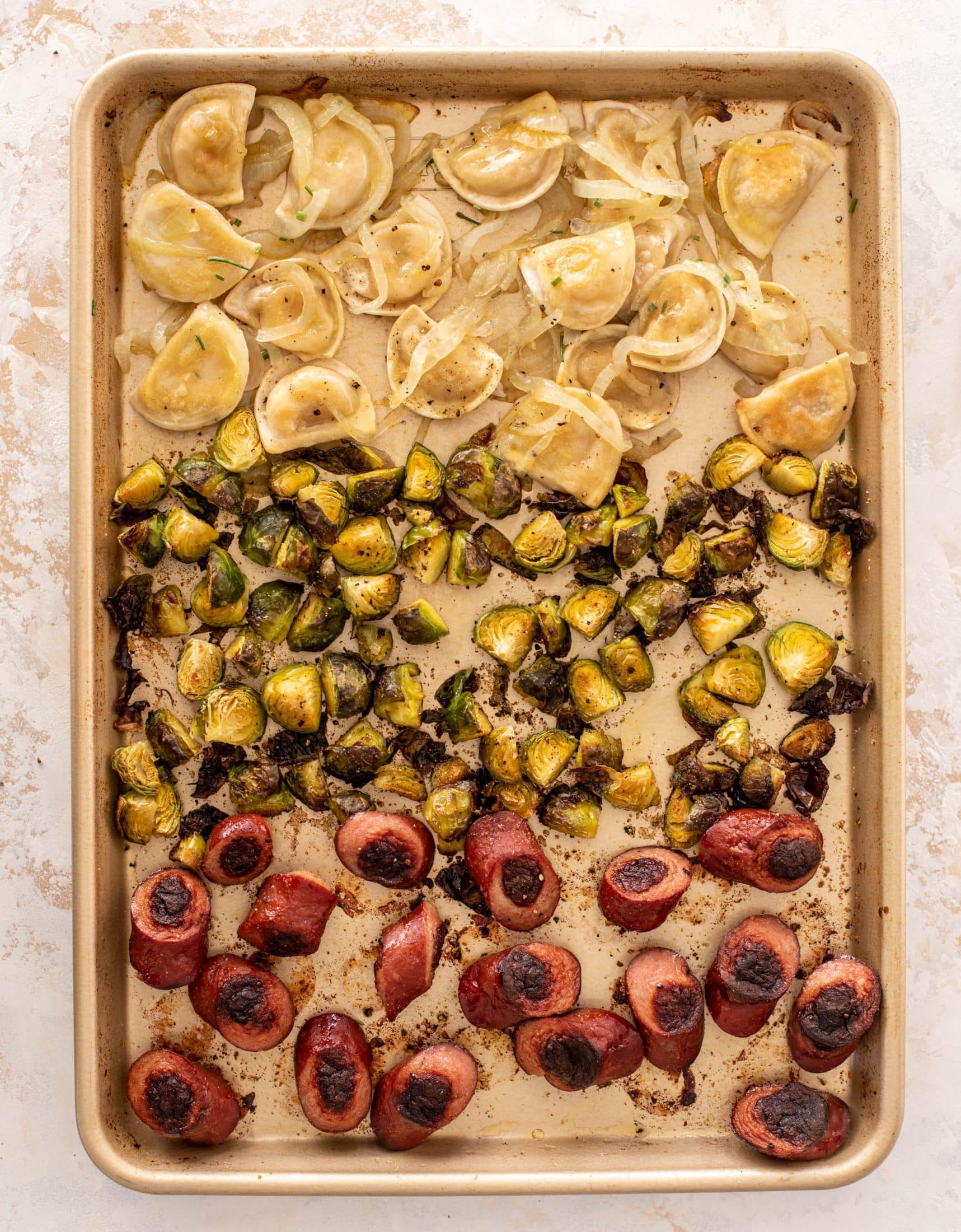 sheet pan pierogi, smoked sausage and brussels sprouts