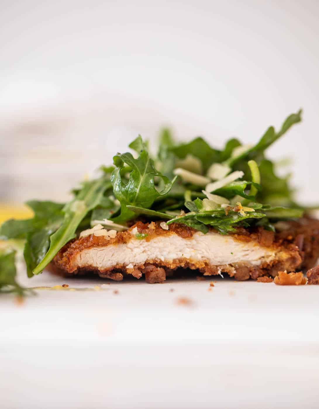 pretzel crusted chicken with honey mustard arugula