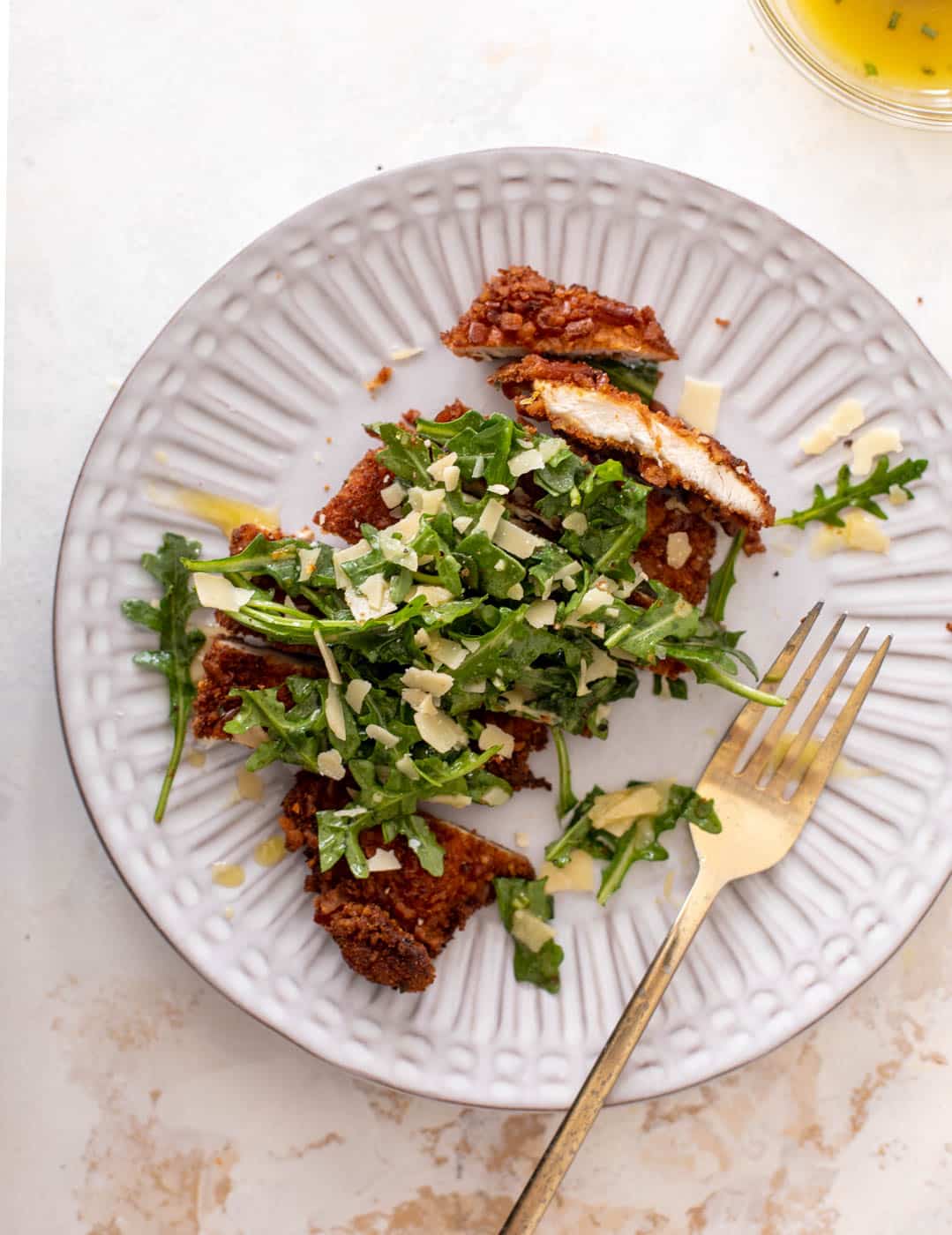 pretzel crusted chicken with honey mustard arugula
