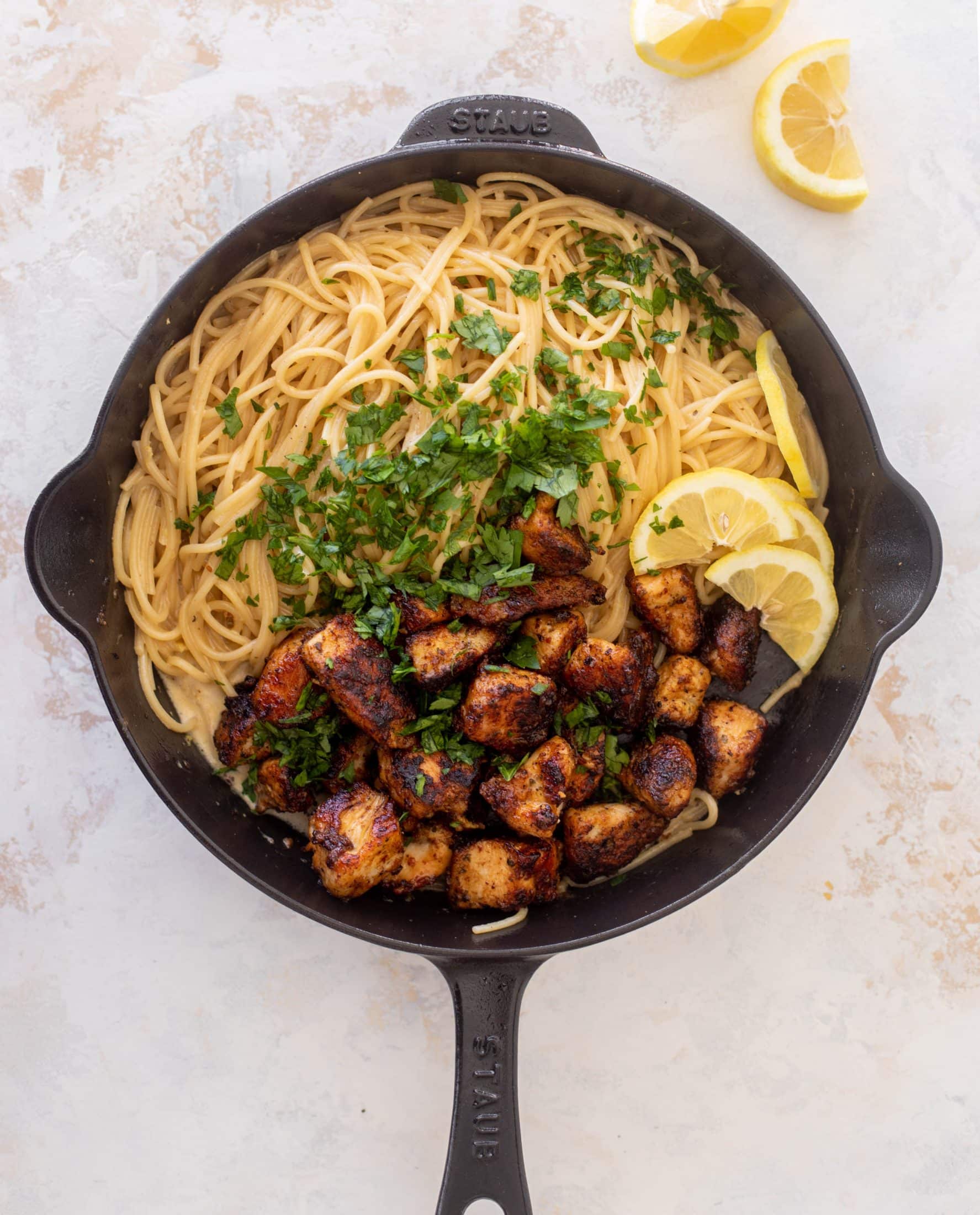 crispy lemon chicken bites and spaghetti