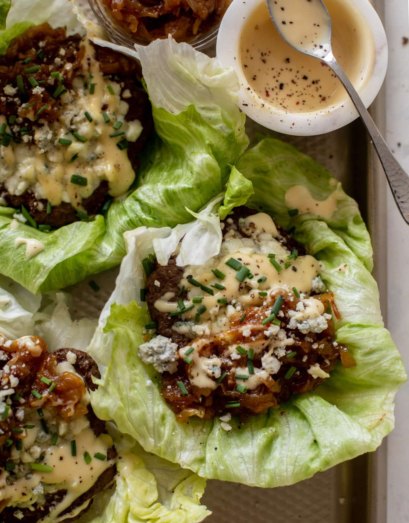 lettuce wrap burgers with caramelized onions