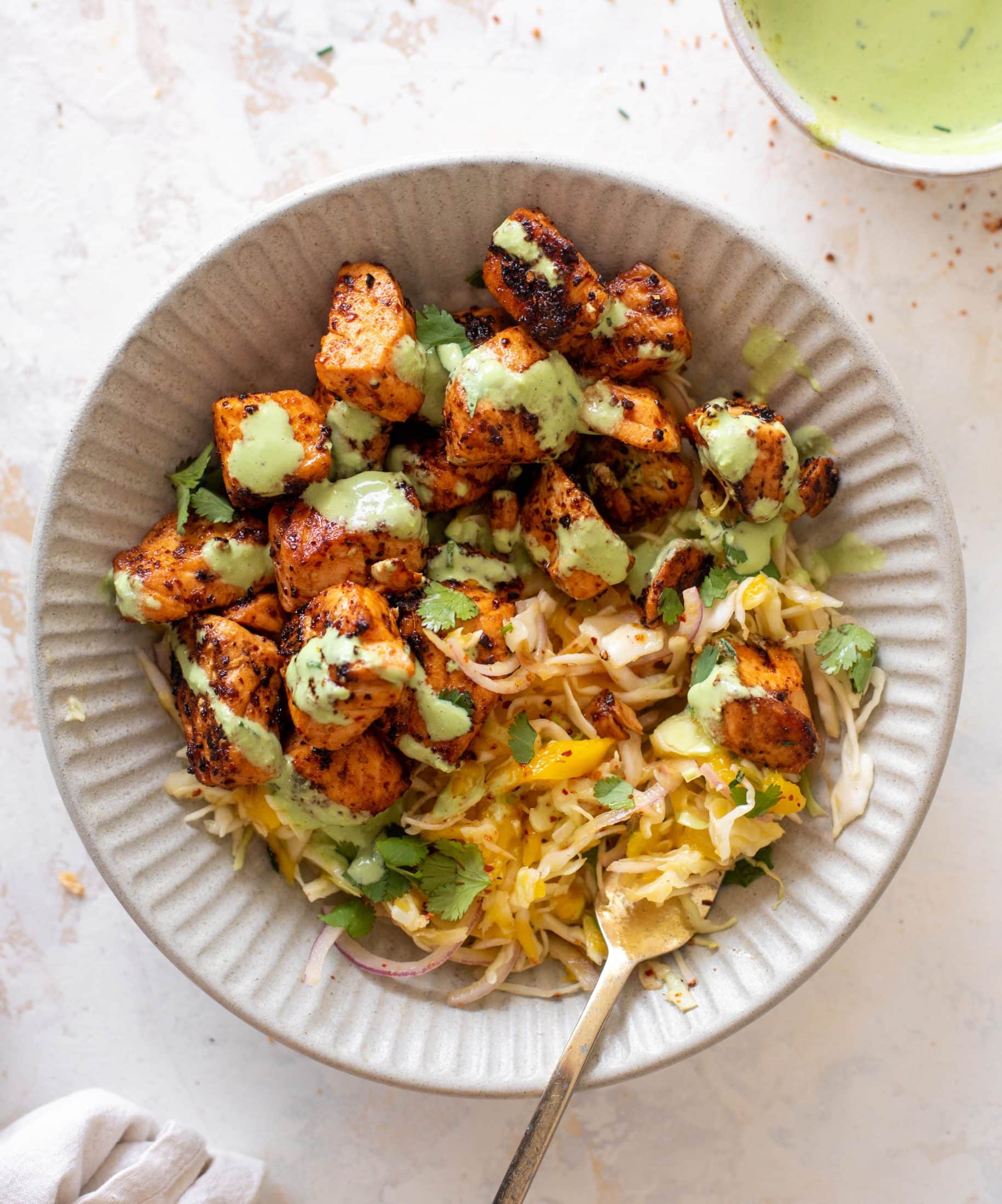 chili lime salmon bites with mango slaw