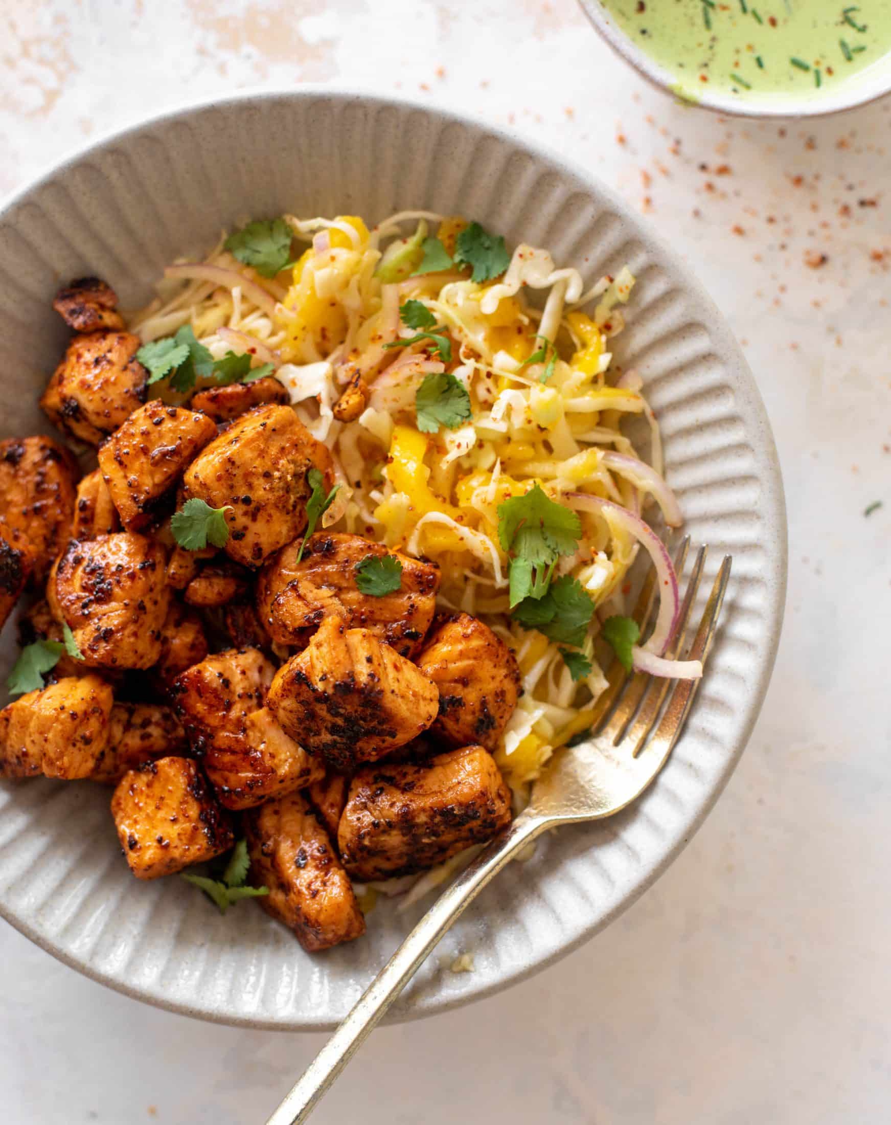 chili lime salmon bites with mango slaw