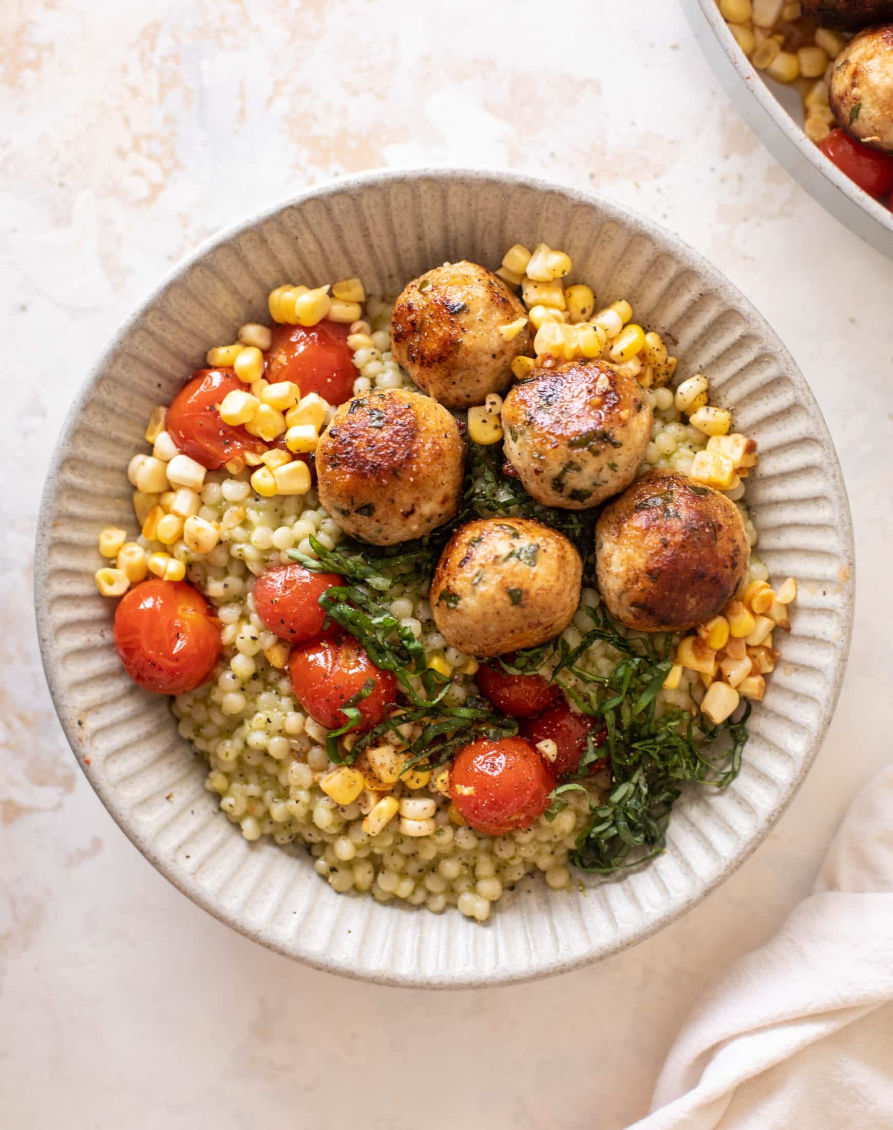 basil chicken meatballs with summer couscous