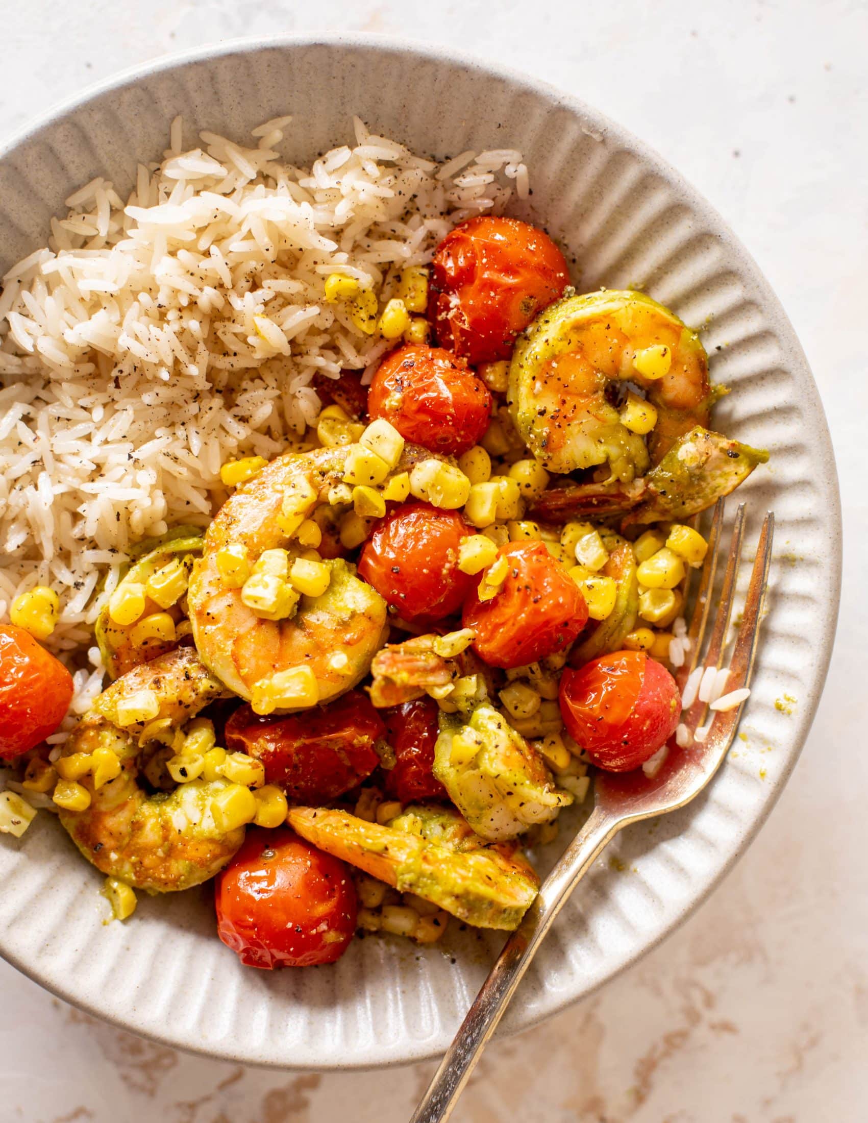 sheet pan summer shrimp and rice bowls