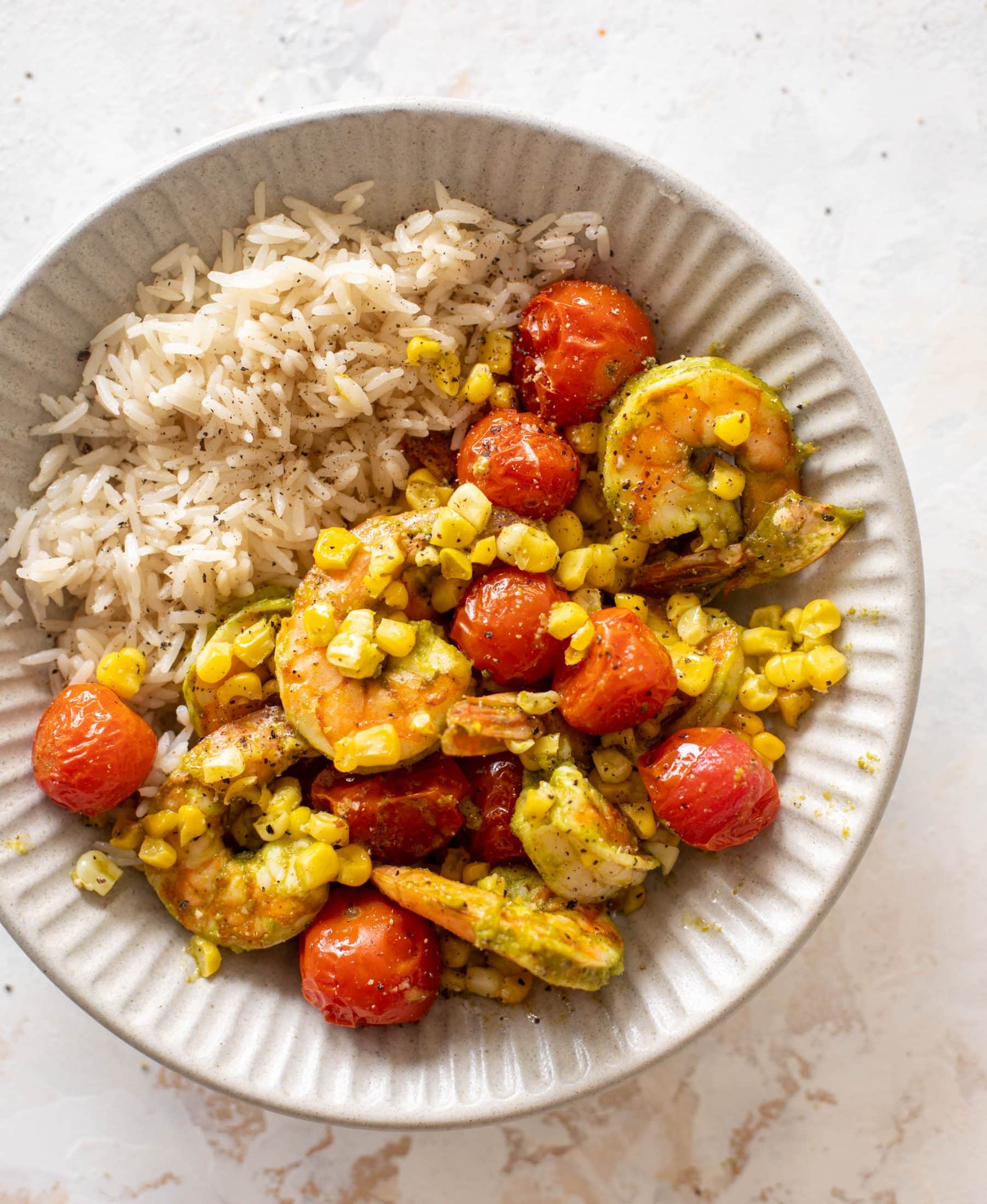 sheet pan summer shrimp and rice bowls