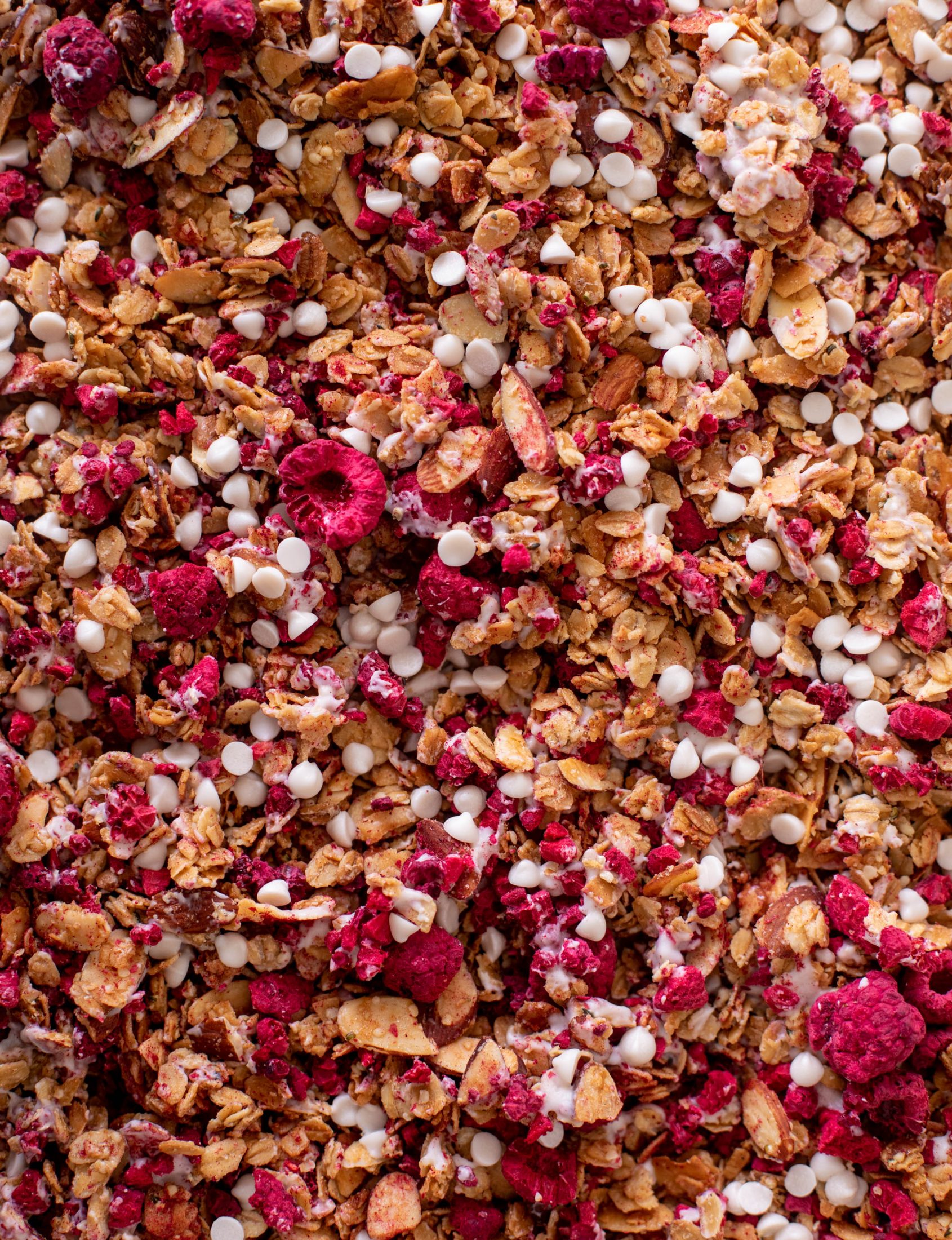 white chocolate raspberry granola
