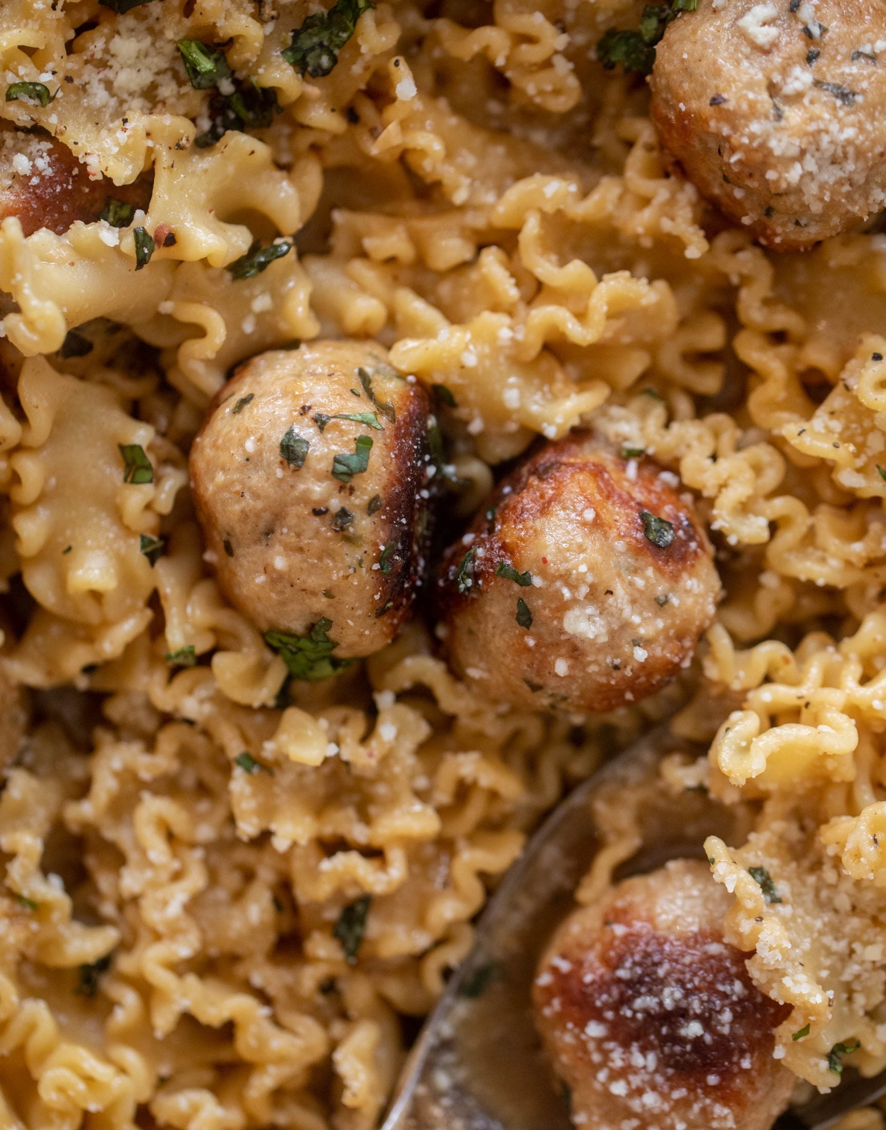 garlic butter chicken meatballs and noodles